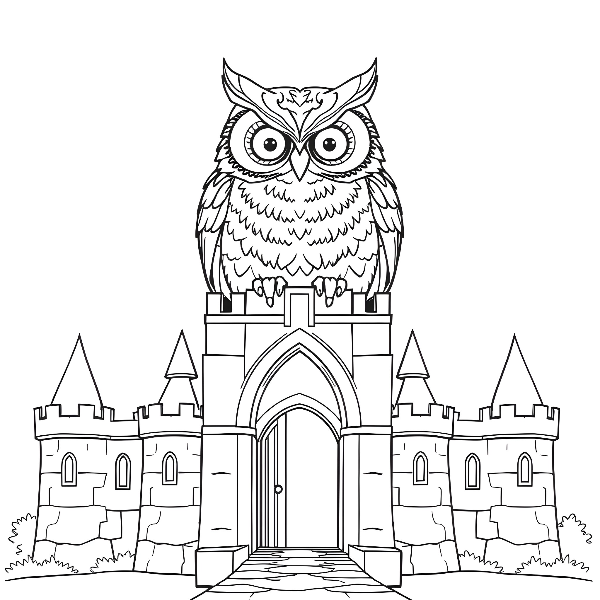 Sowa the Owl Guarding the Castle Coloring Page (free black-and-white line drawing printable PDF for all, from beginners to advanced learners, including children, teens, adults, and seniors)