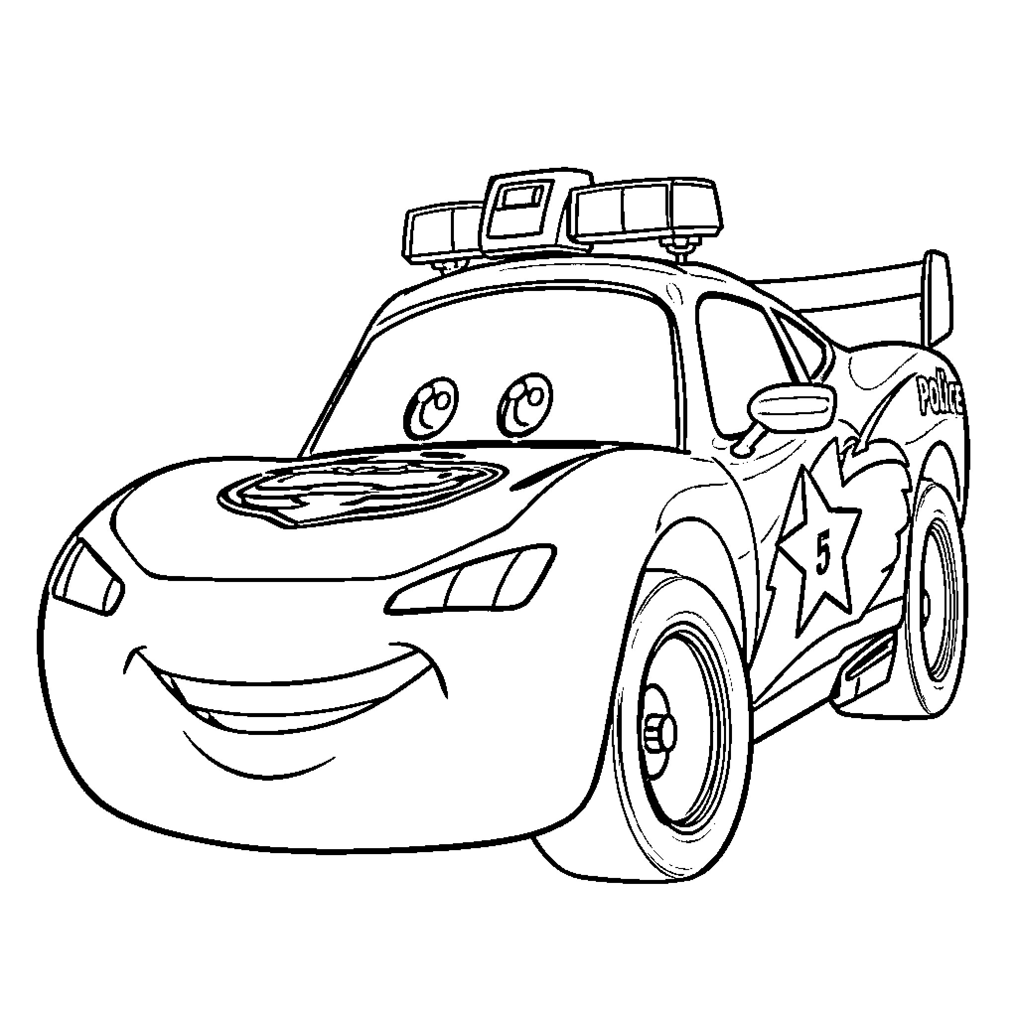 Lightning McQueen police car speeding into action Coloring Page (free black-and-white line drawing printable PDF for all, from beginners to advanced learners, including children, teens, adults, and seniors)