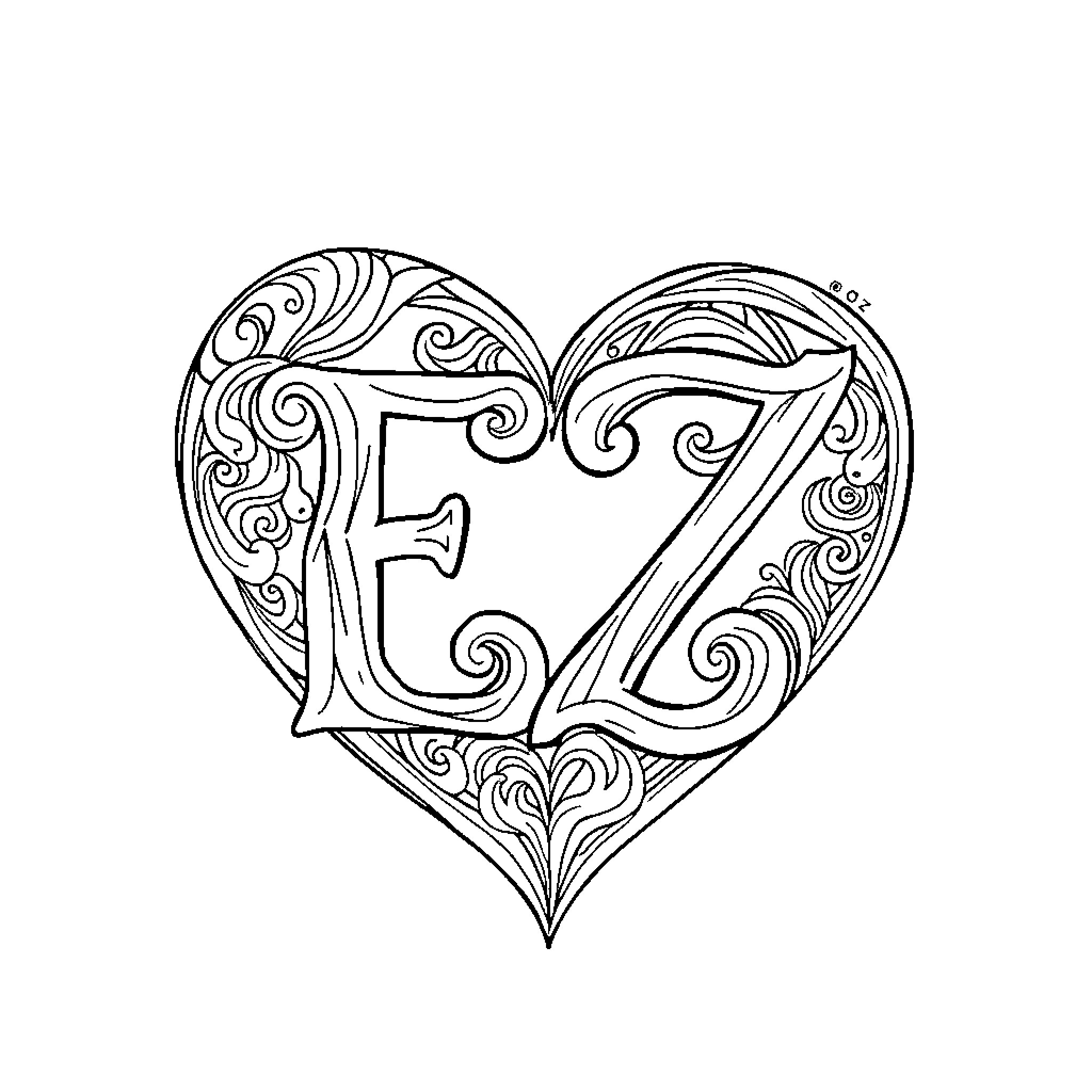Heart Shaped Ornamental Letters Coloring Page (free black-and-white line drawing printable PDF for all, from beginners to advanced learners, including children, teens, adults, and seniors)