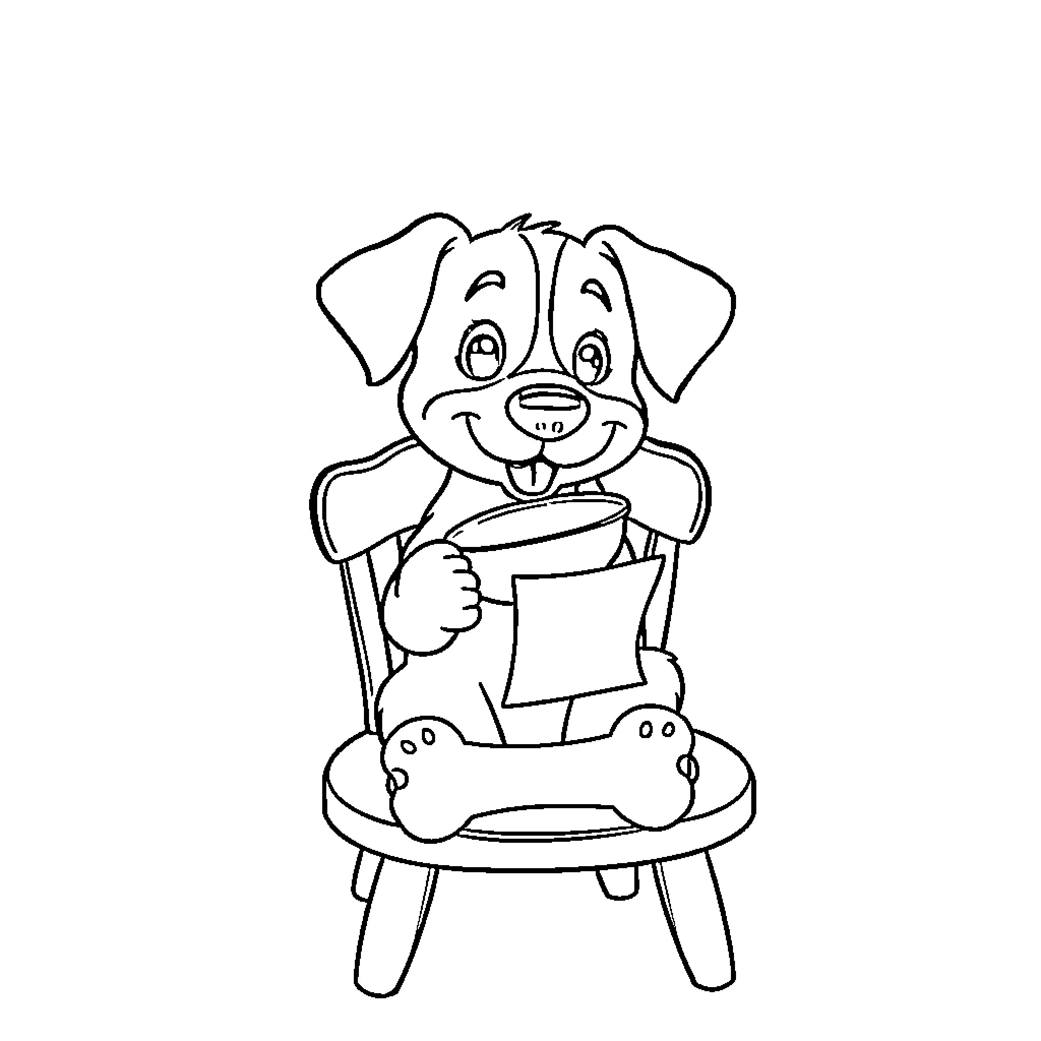 Dog sitting on a chair and reading a book Coloring Page (free black-and-white line drawing printable PDF for all, from beginners to advanced learners, including children, teens, adults, and seniors)