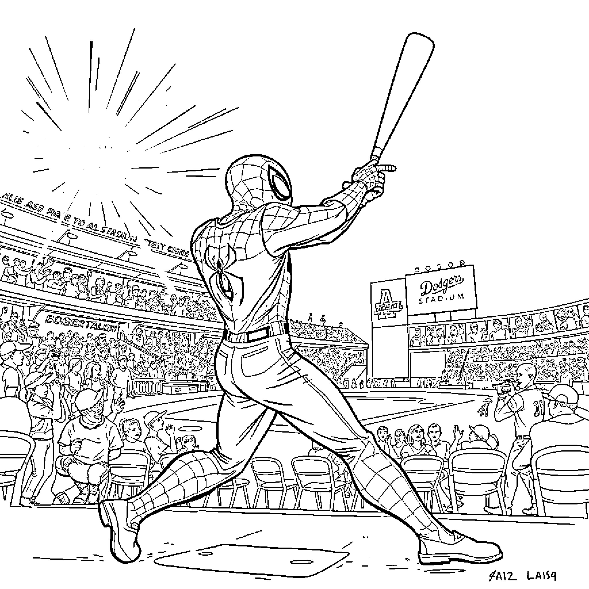 Spiderman Batting at Baseball Stadium Coloring Page (free black-and-white line drawing printable PDF for all, from beginners to advanced learners, including children, teens, adults, and seniors)