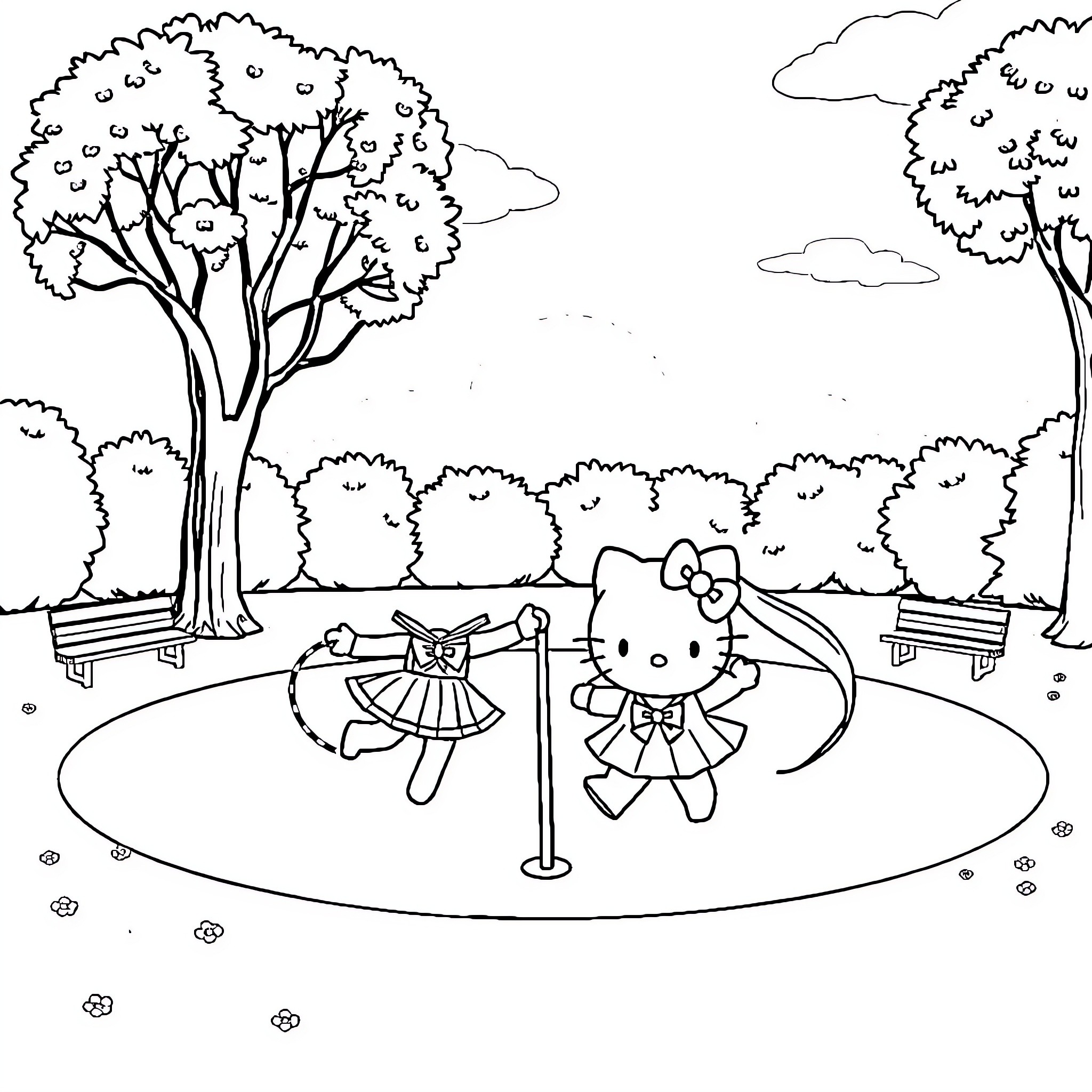 Hello Kitty playing in the park Coloring Page (free black-and-white line drawing printable PDF for all, from beginners to advanced learners, including children, teens, adults, and seniors)