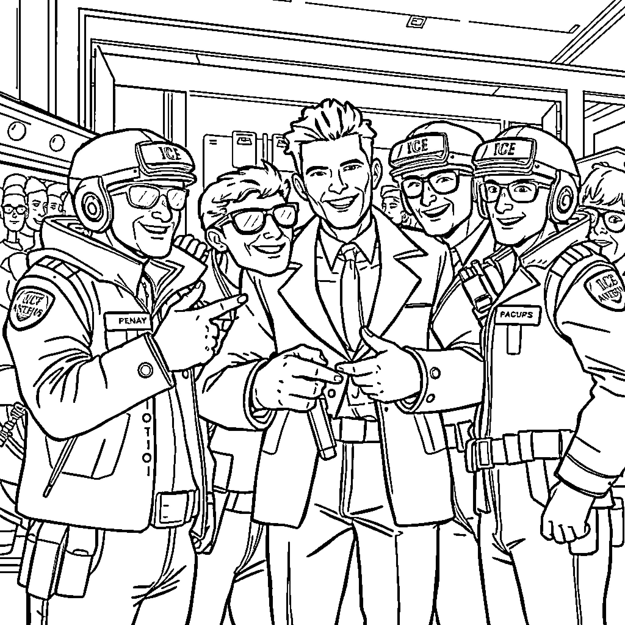 Ice Agent Group Photo at the Police Station Coloring Page (free black-and-white line drawing printable PDF for all, from beginners to advanced learners, including children, teens, adults, and seniors)