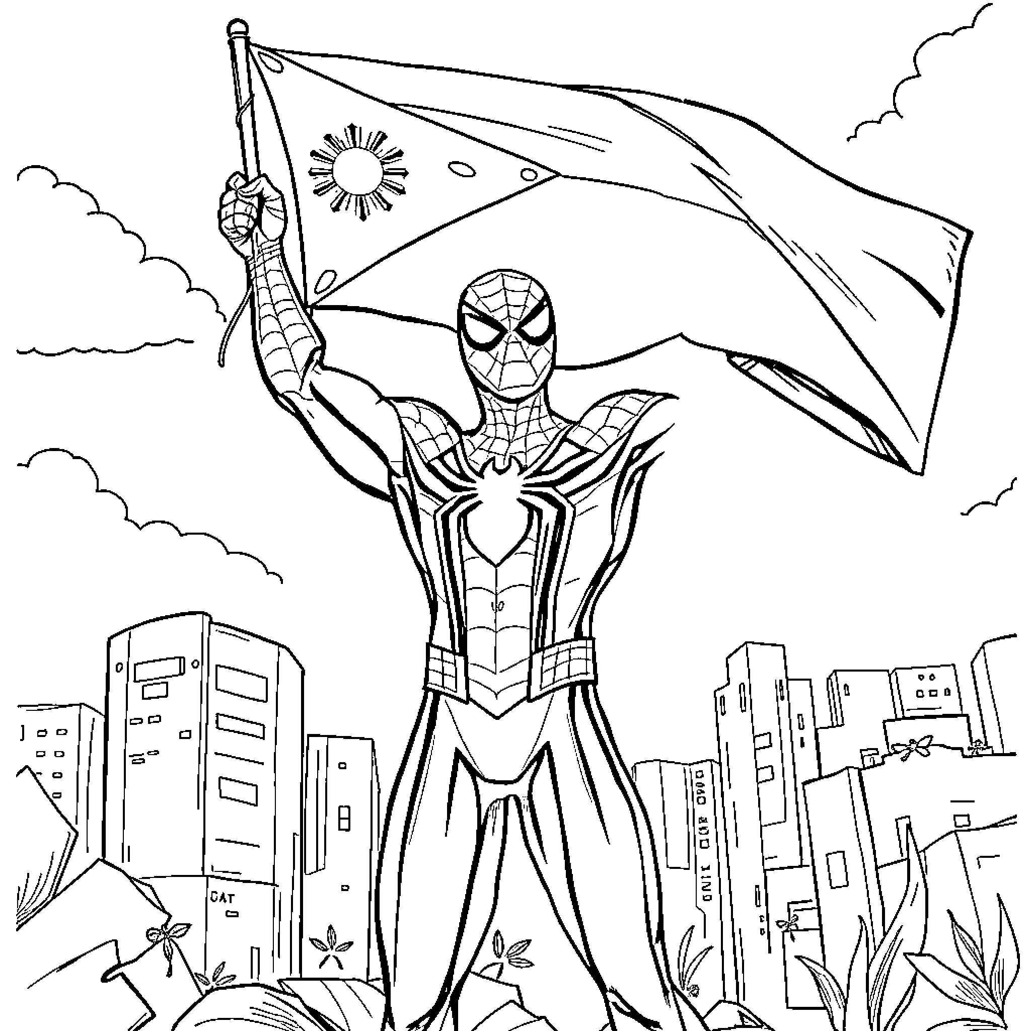 Spiderman swinging heroically through the city Coloring Page (free black-and-white line drawing printable PDF for all, from beginners to advanced learners, including children, teens, adults, and seniors)