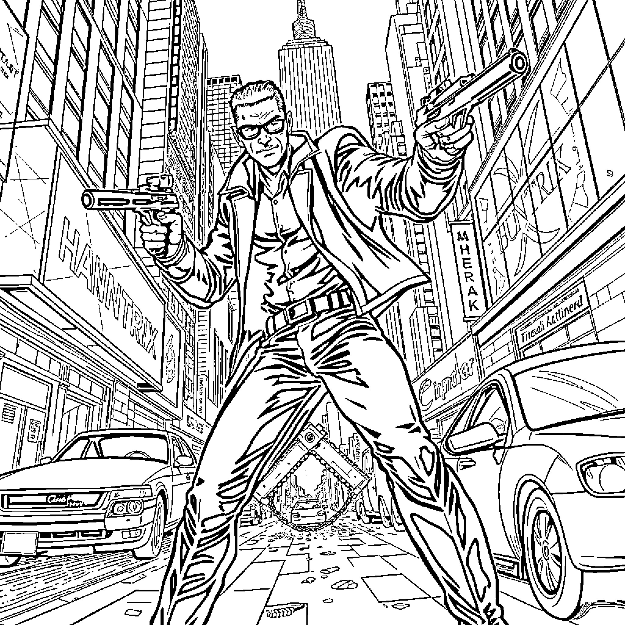 Huntrix: Action-Packed Urban Adventure Coloring Page (free black-and-white line drawing printable PDF for all, from beginners to advanced learners, including children, teens, adults, and seniors)