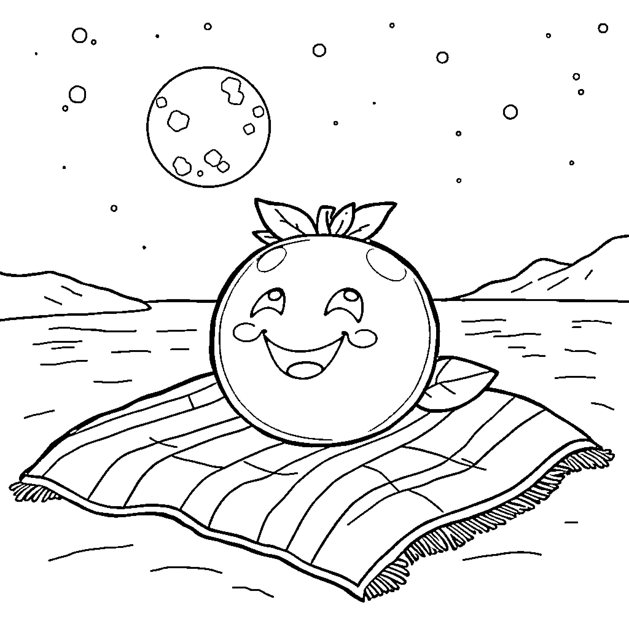 Blueberry enjoying a peaceful night under the stars Coloring Page (free black-and-white line drawing printable PDF for all, from beginners to advanced learners, including children, teens, adults, and seniors)
