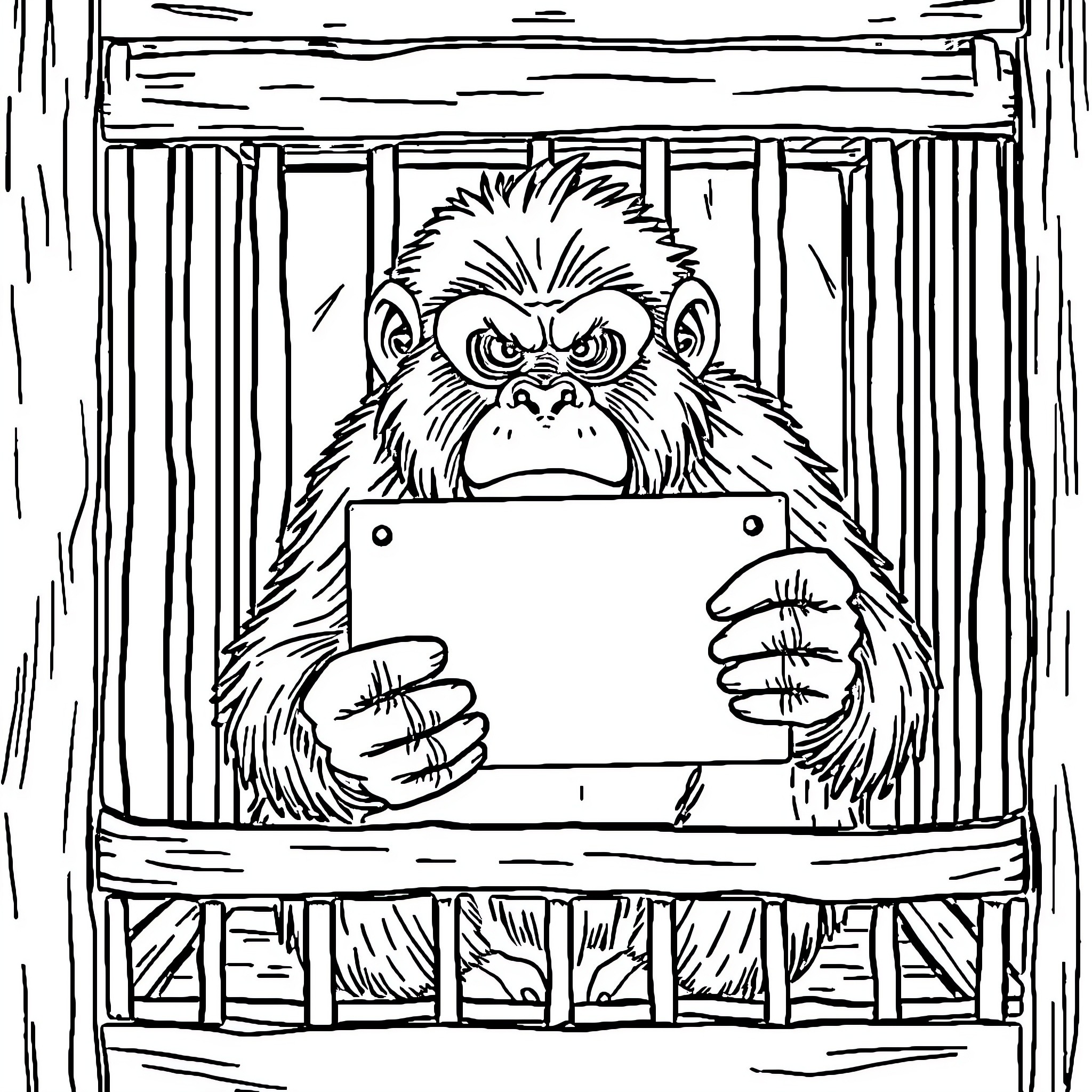 Orangutan Holding a Tablet Behind Bars Coloring Page (free black-and-white line drawing printable PDF for all, from beginners to advanced learners, including children, teens, adults, and seniors)