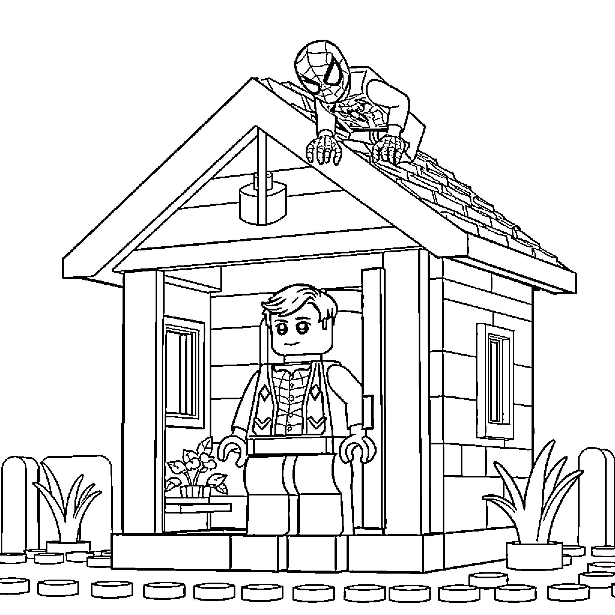 Lego Man Painting the House Coloring Page (free black-and-white line drawing printable PDF for all, from beginners to advanced learners, including children, teens, adults, and seniors)