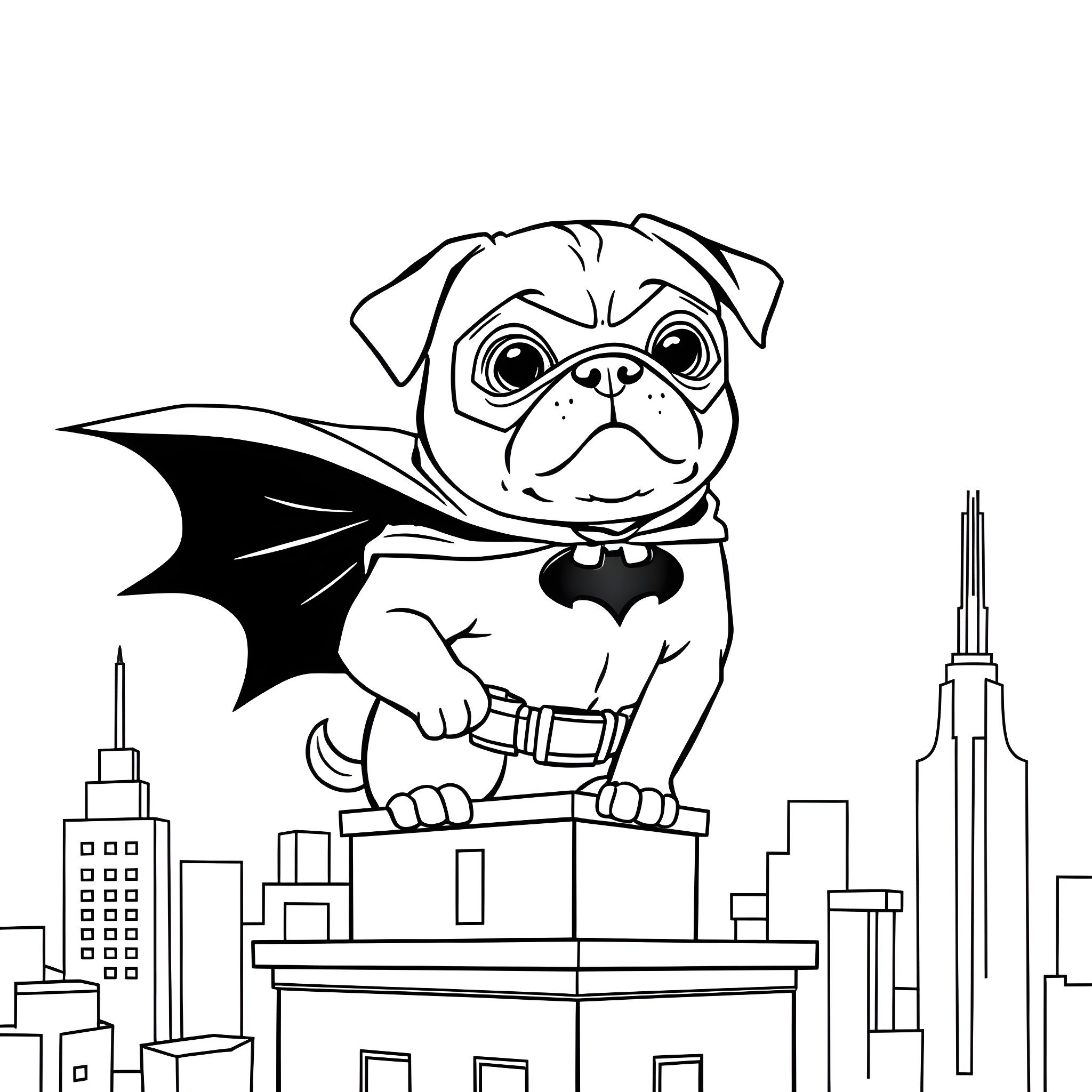 Pug superhero patrolling the city Coloring Page (free black-and-white line drawing printable PDF for all, from beginners to advanced learners, including children, teens, adults, and seniors)