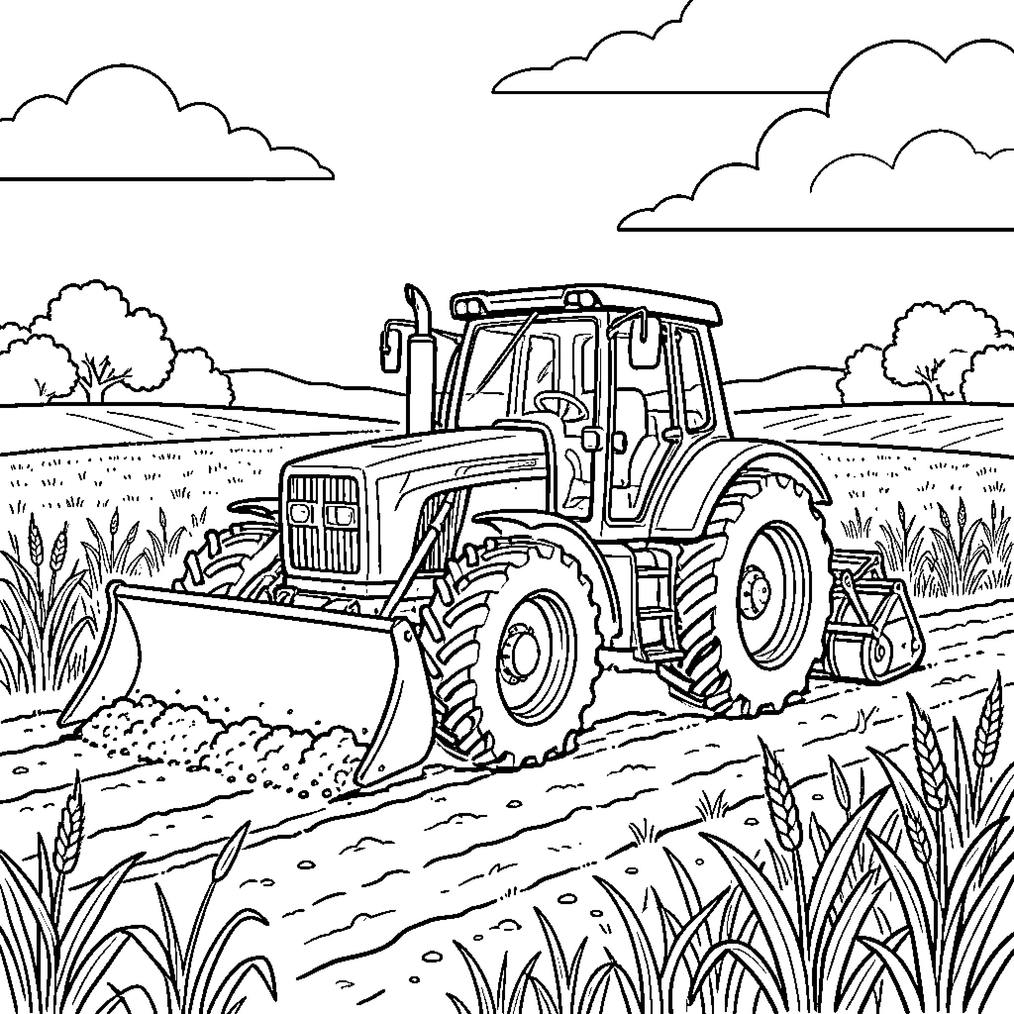 Tractor working in a field of crops Coloring Page (free black-and-white line drawing printable PDF for all, from beginners to advanced learners, including children, teens, adults, and seniors)