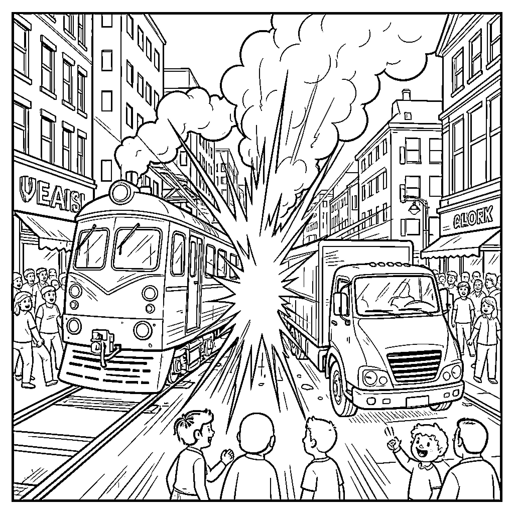 Train colliding with a truck on a city street Coloring Page (free black-and-white line drawing printable PDF for all, from beginners to advanced learners, including children, teens, adults, and seniors)