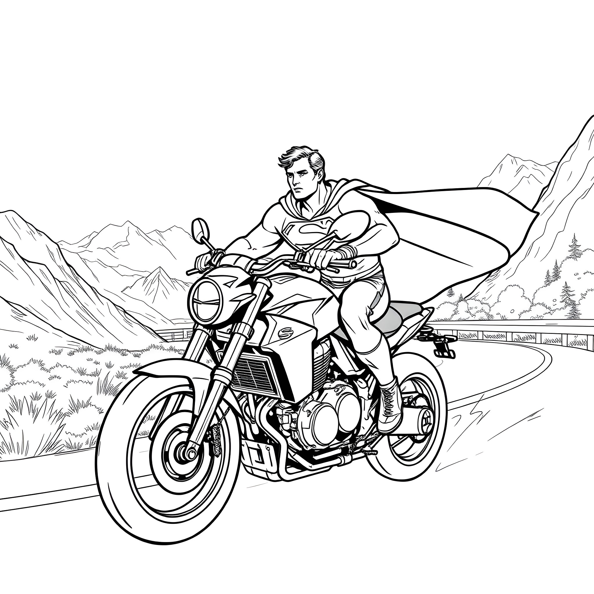 Superman riding a motorcycle through the mountains Coloring Page (free black-and-white line drawing printable PDF for all, from beginners to advanced learners, including children, teens, adults, and seniors)