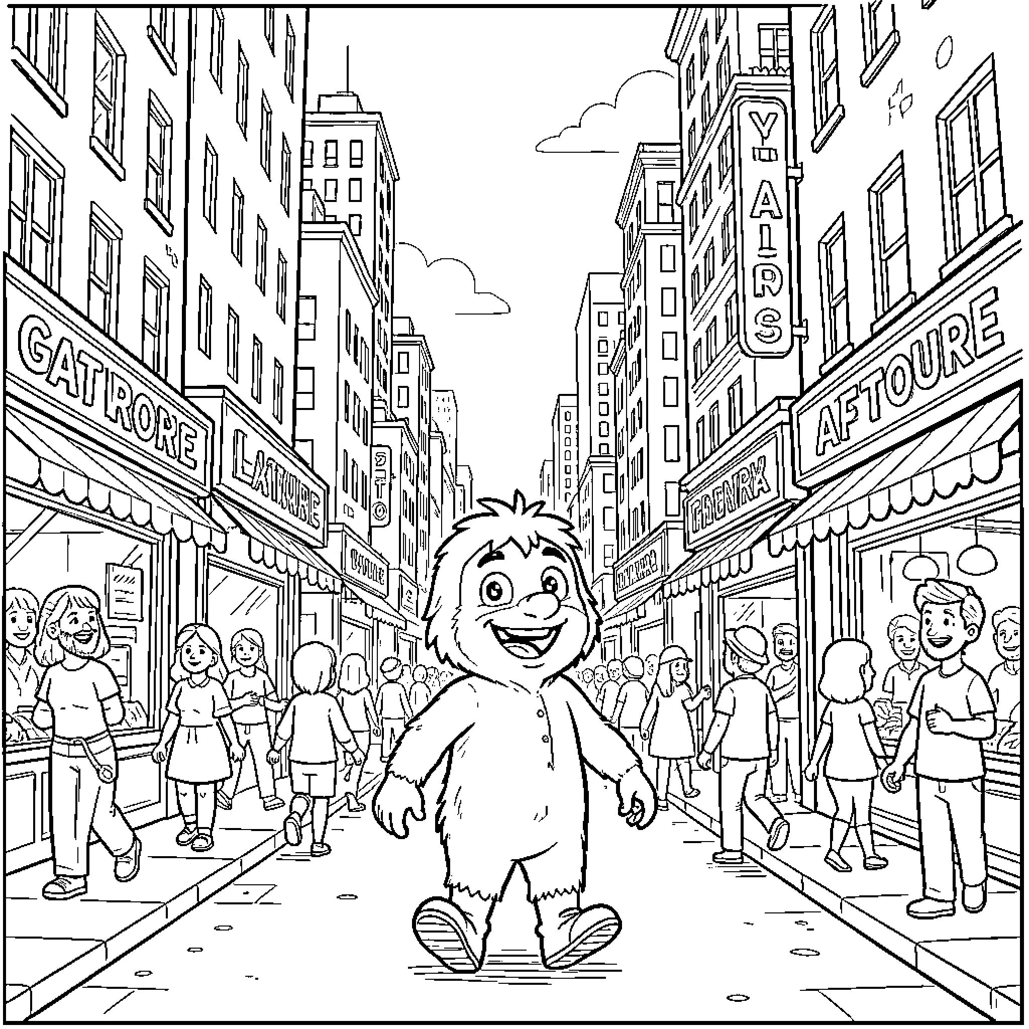 Gaturro exploring a lively city street Coloring Page (free black-and-white line drawing printable PDF for all, from beginners to advanced learners, including children, teens, adults, and seniors)