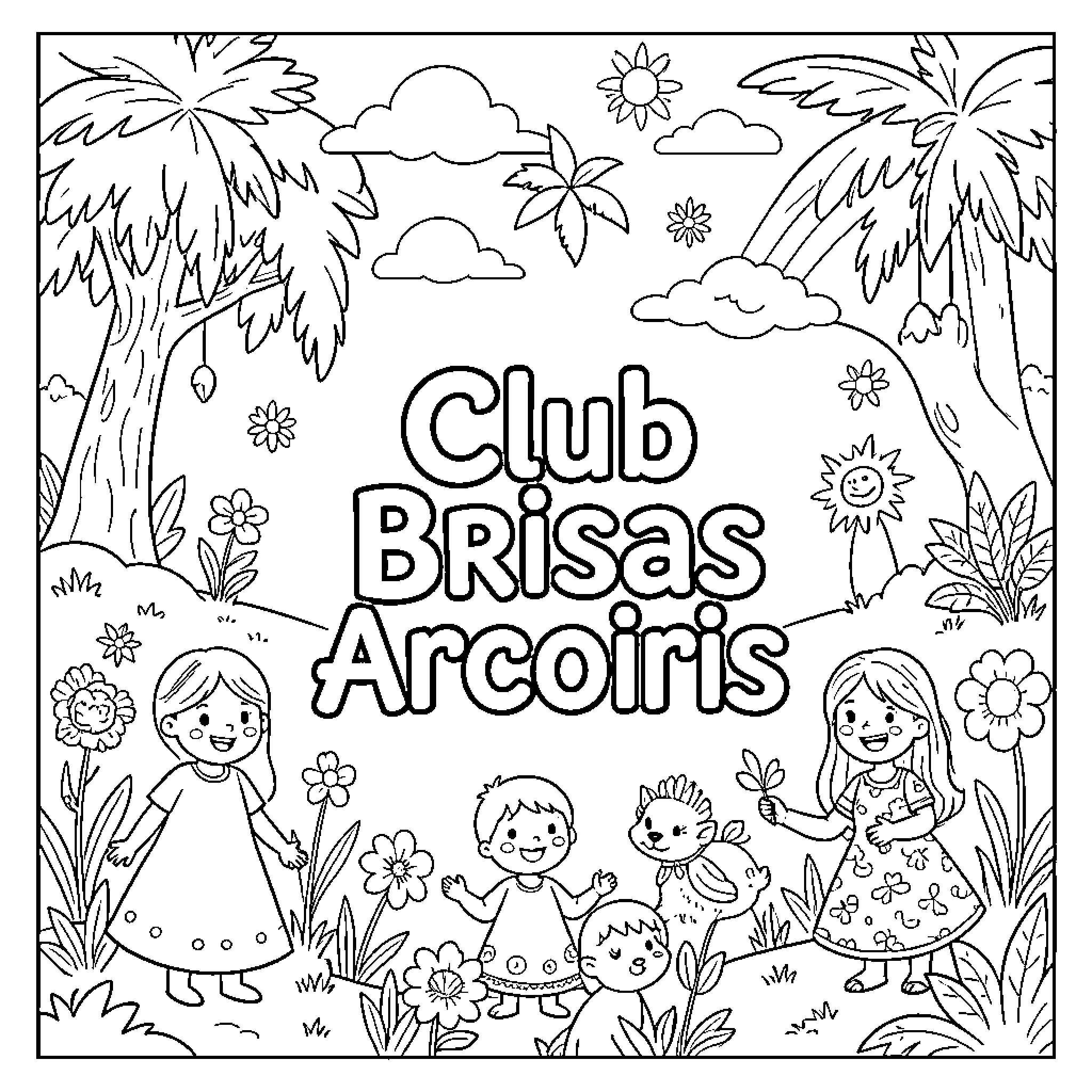 Cuncuna children playing joyfully in a tropical garden Coloring Page (free black-and-white line drawing printable PDF for all, from beginners to advanced learners, including children, teens, adults, and seniors)