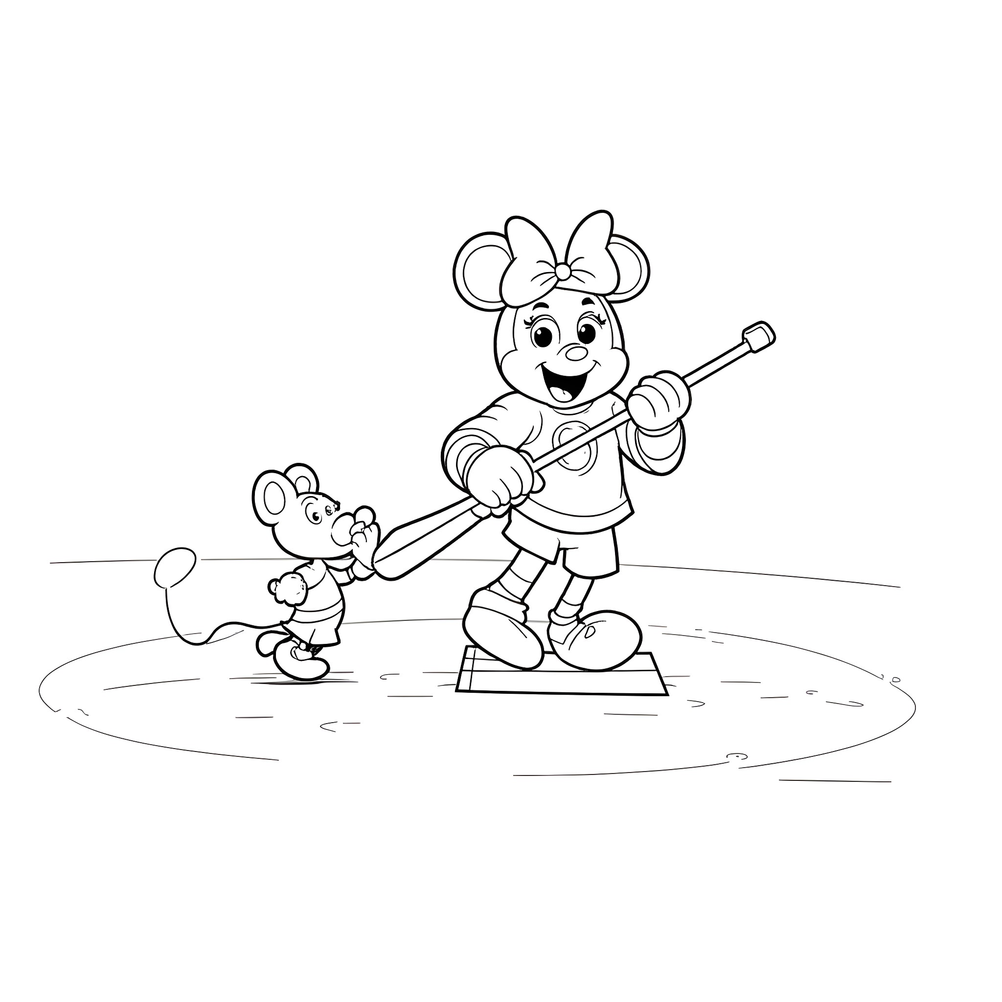 Gabby and her mouse friend playing baseball Coloring Page (free black-and-white line drawing printable PDF for all, from beginners to advanced learners, including children, teens, adults, and seniors)