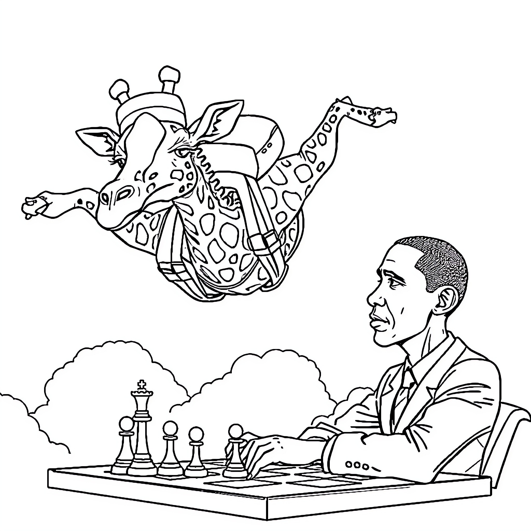 Giraffe playing chess with a man Coloring Page (free black-and-white line drawing printable PDF for all, from beginners to advanced learners, including children, teens, adults, and seniors)