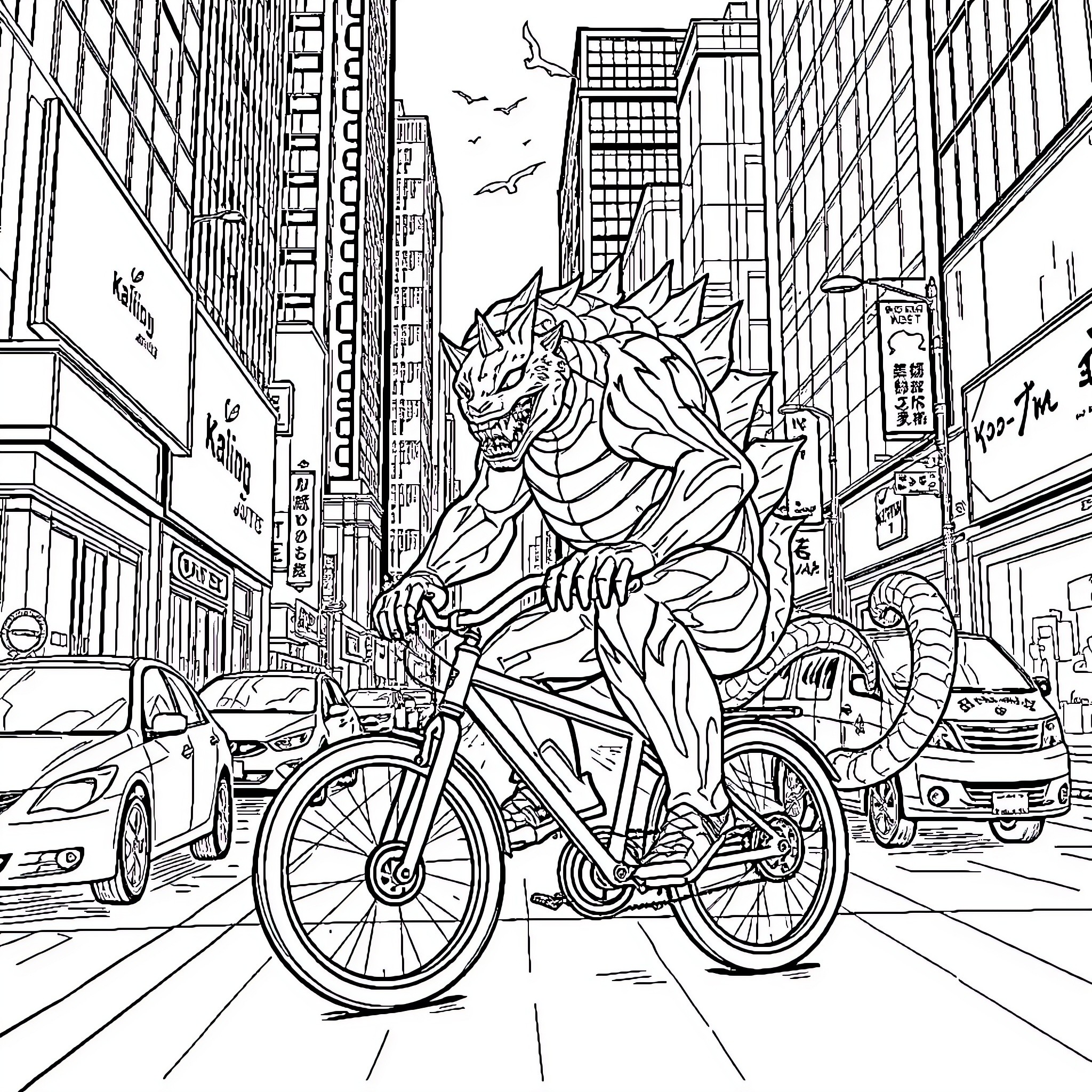 Kaiju Monster Riding Bicycle through City Streets Coloring Page (free black-and-white line drawing printable PDF for all, from beginners to advanced learners, including children, teens, adults, and seniors)
