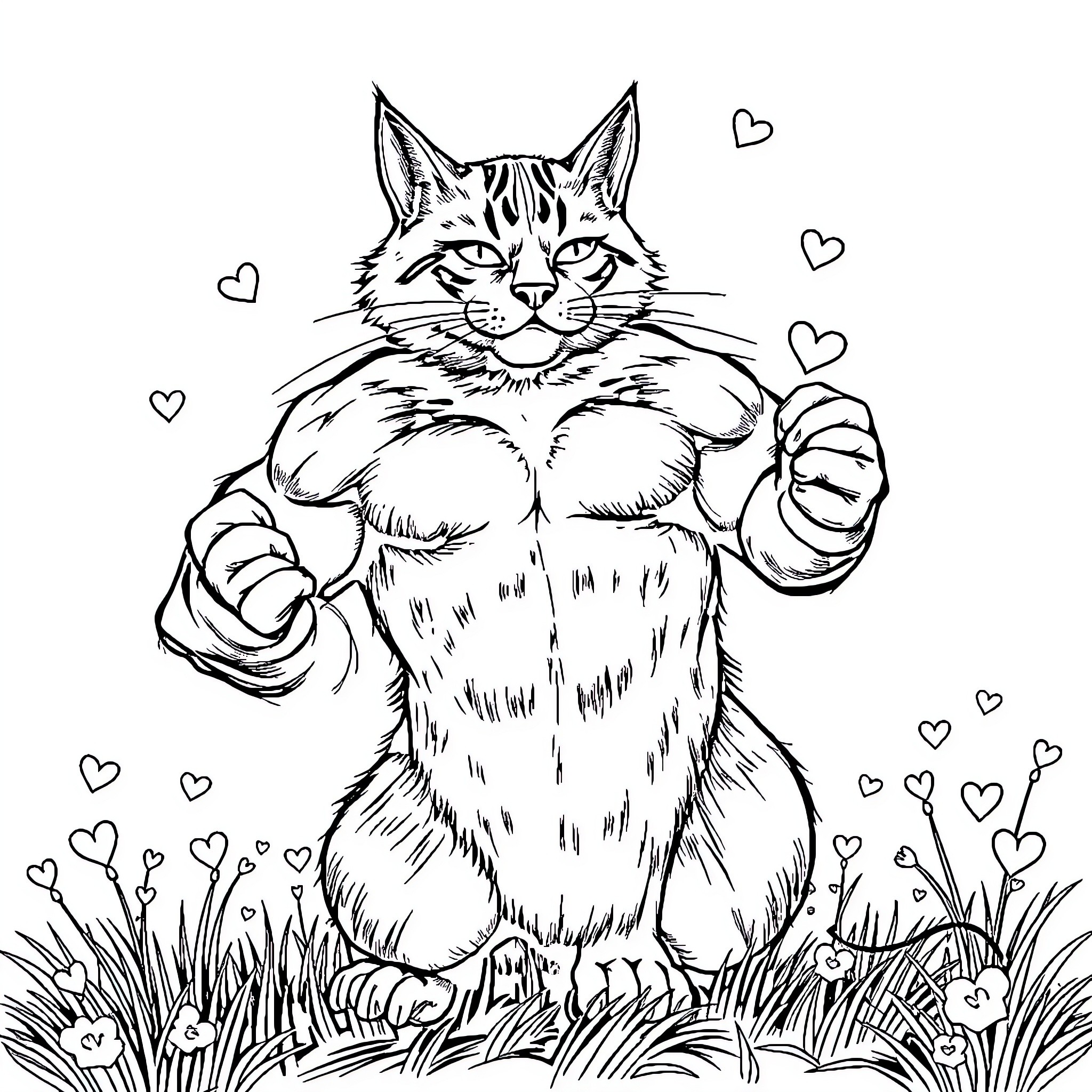 Gato making a heart gesture in the grass Coloring Page (free black-and-white line drawing printable PDF for all, from beginners to advanced learners, including children, teens, adults, and seniors)