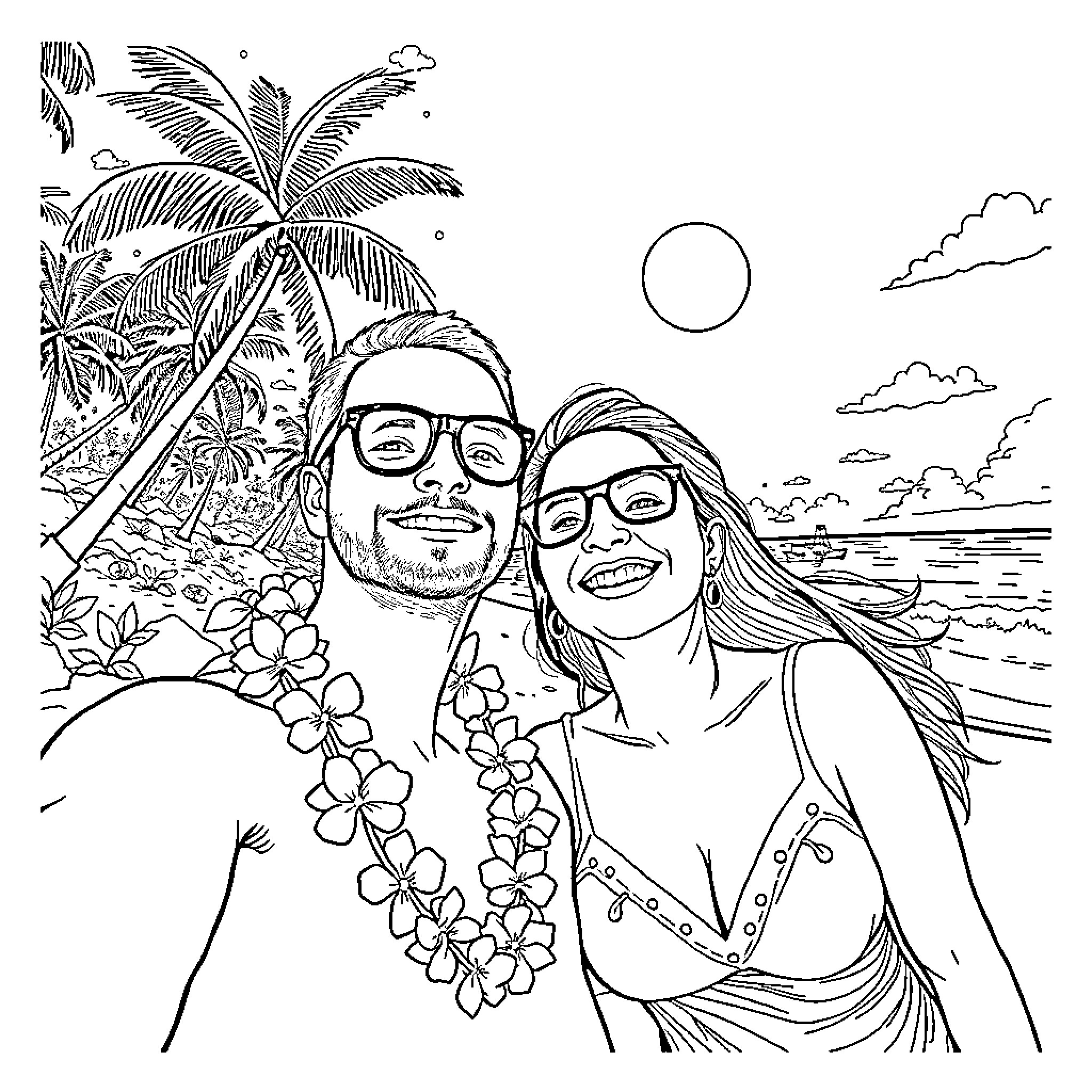 Couple enjoying tropical beach vacation Coloring Page (free black-and-white line drawing printable PDF for all, from beginners to advanced learners, including children, teens, adults, and seniors)