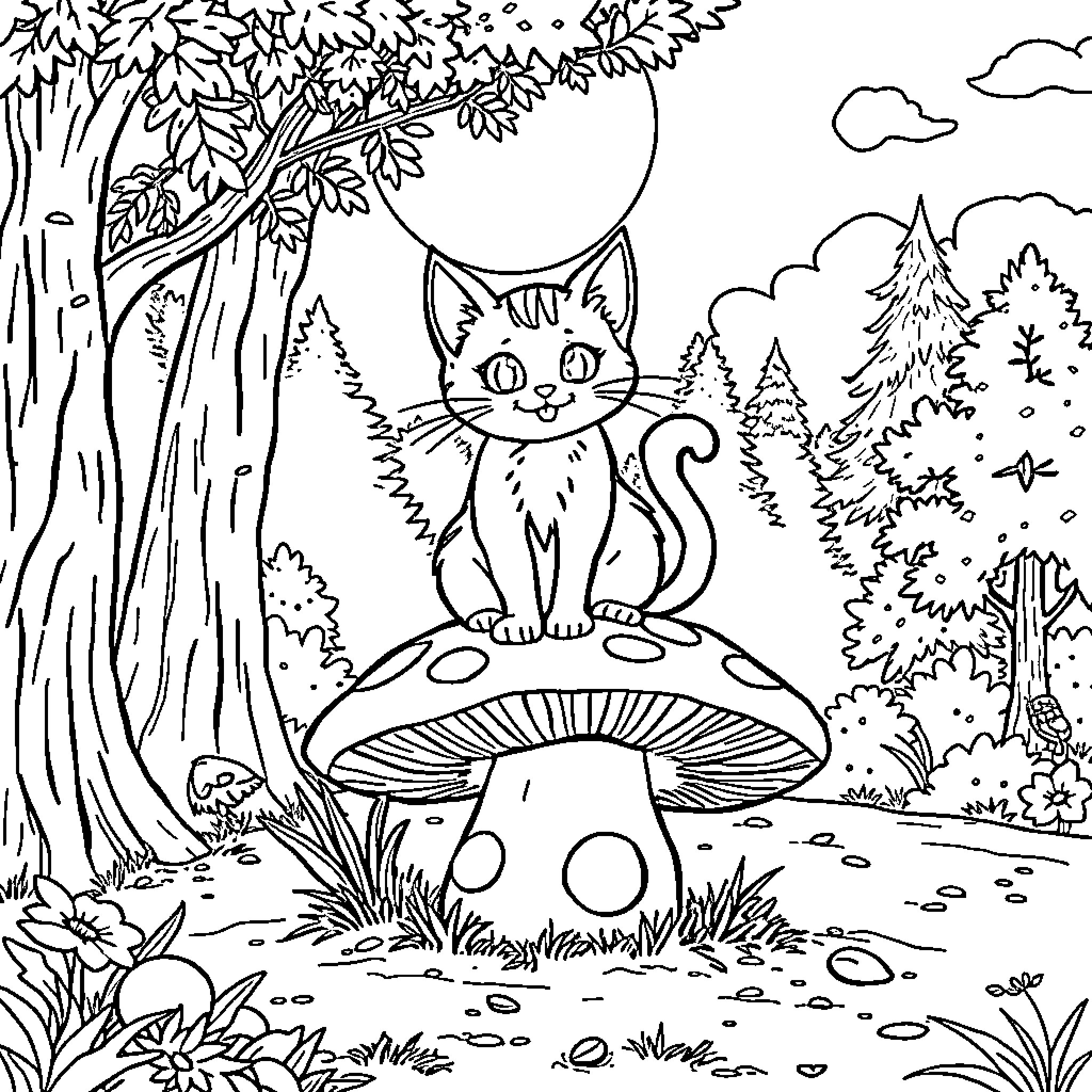 Cat exploring the enchanting forest Coloring Page (free black-and-white line drawing printable PDF for all, from beginners to advanced learners, including children, teens, adults, and seniors)