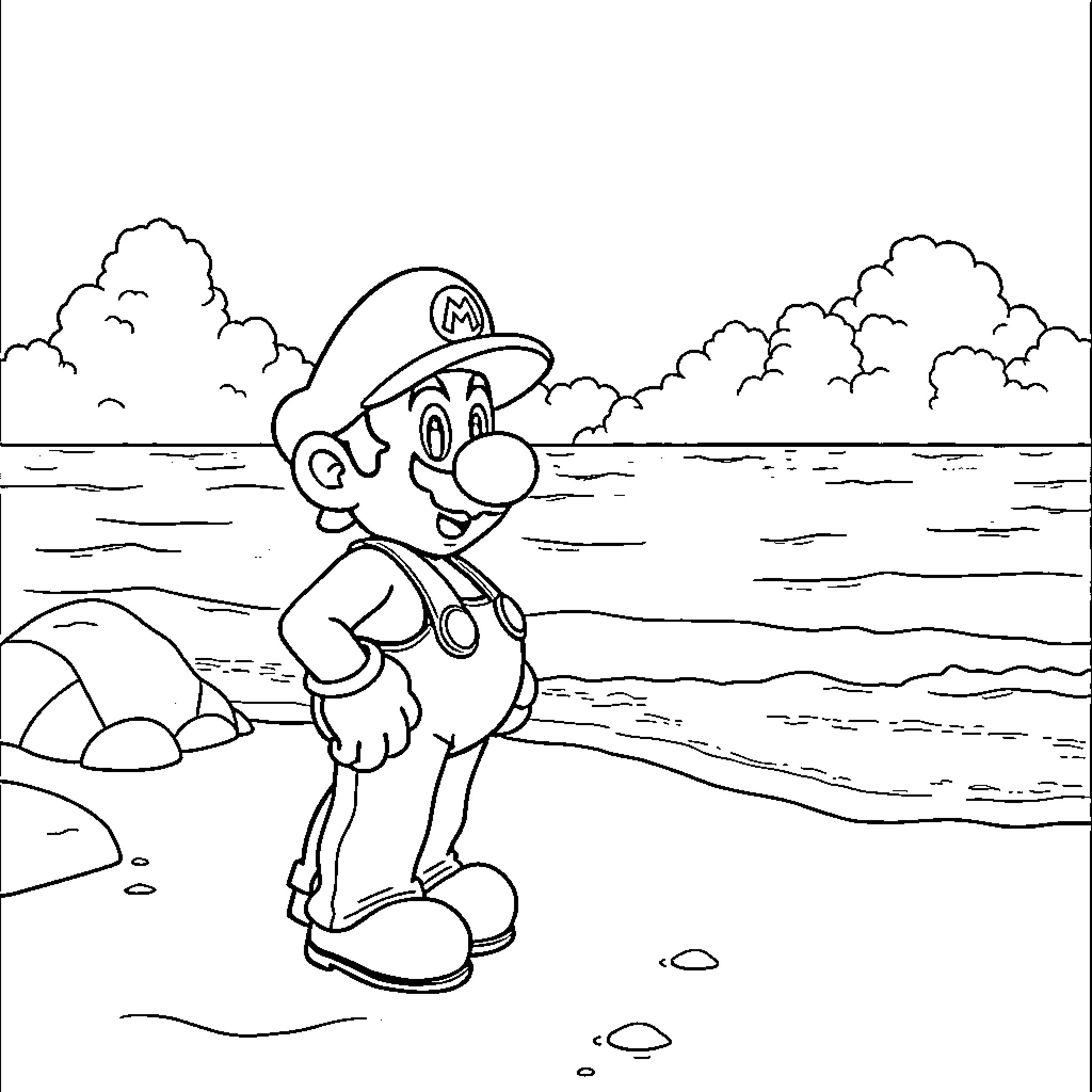 Mario enjoying a day at the beach Coloring Page (free black-and-white line drawing printable PDF for all, from beginners to advanced learners, including children, teens, adults, and seniors)