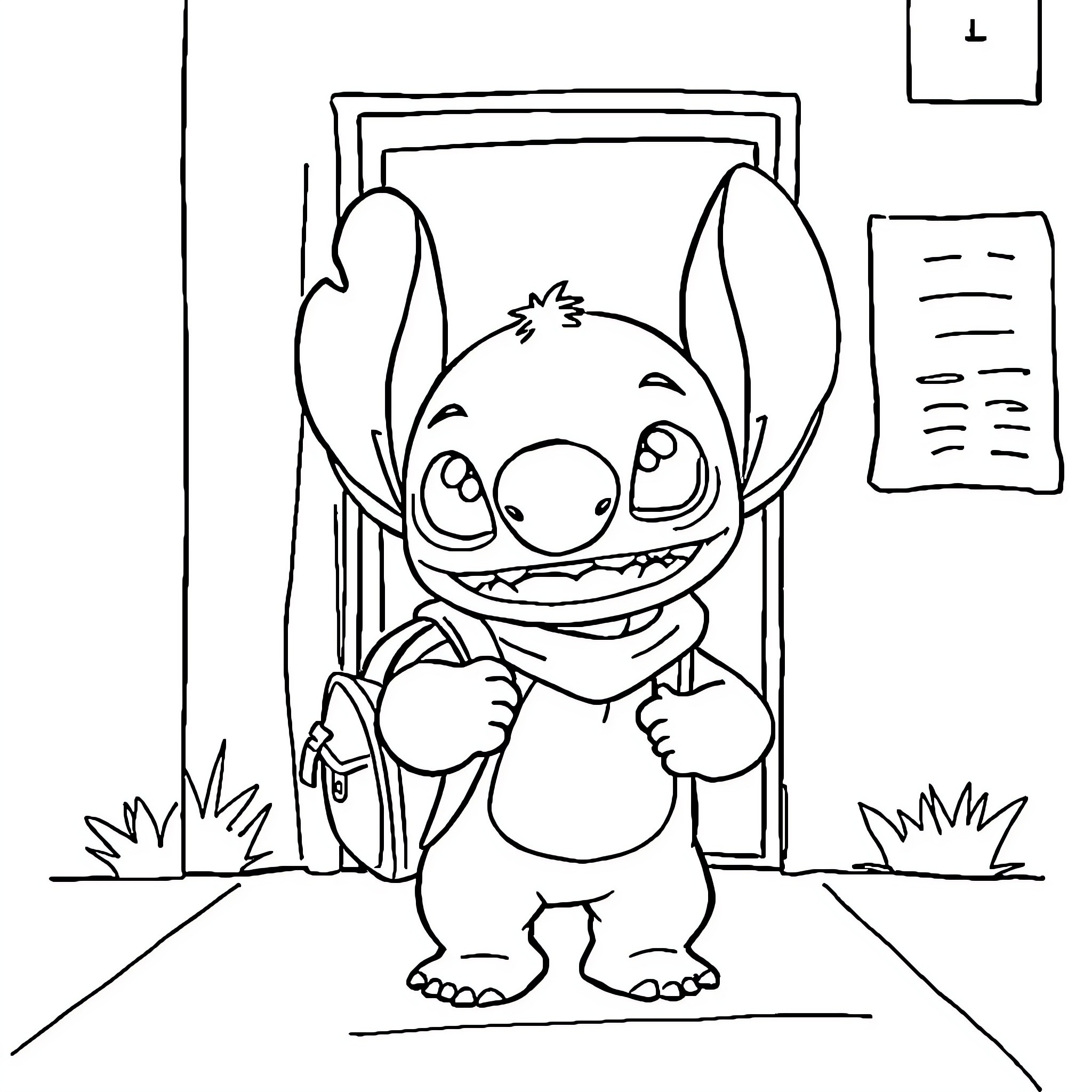 Stitch laughing mischievously in front of a door Coloring Page (free black-and-white line drawing printable PDF for all, from beginners to advanced learners, including children, teens, adults, and seniors)