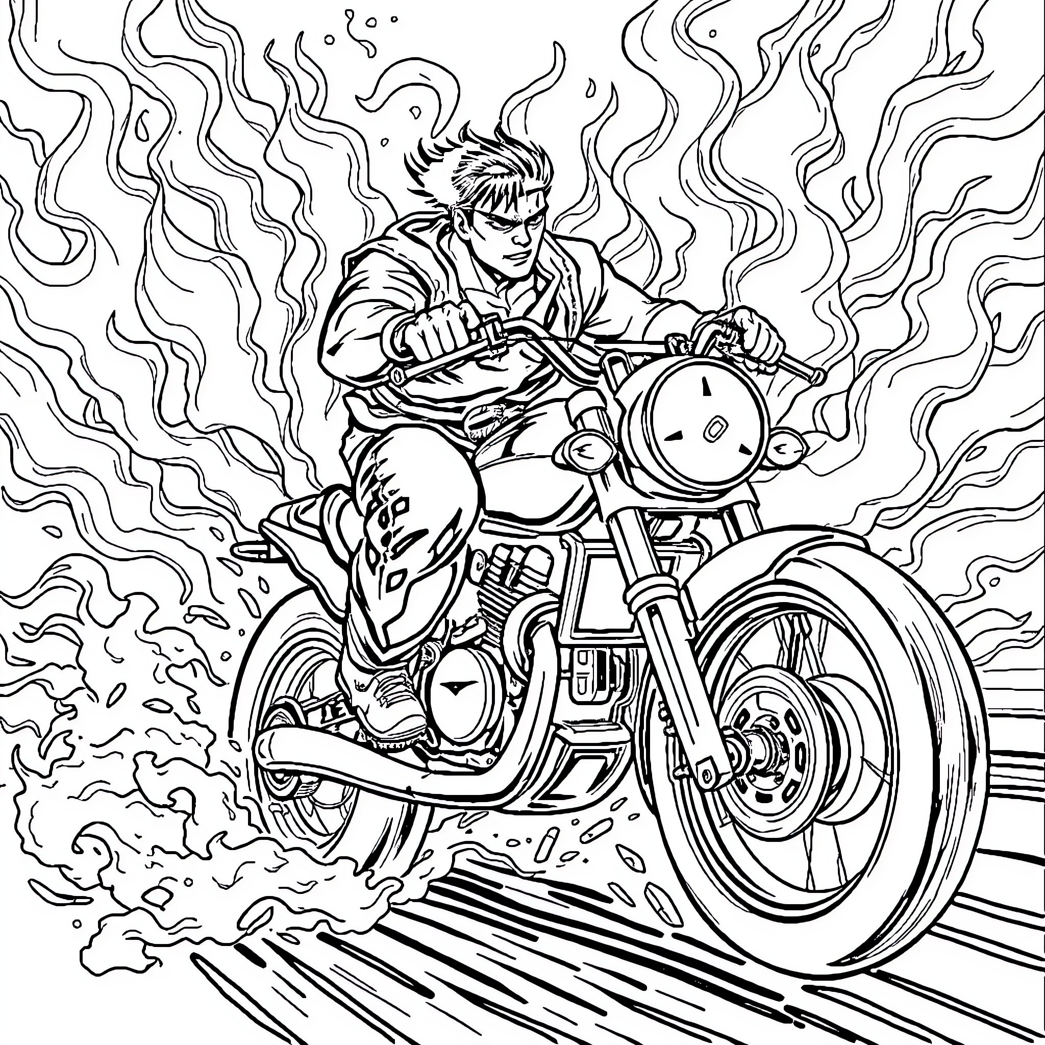 Ryu's Intense Motorcycle Ride Coloring Page (free black-and-white line drawing printable PDF for all, from beginners to advanced learners, including children, teens, adults, and seniors)