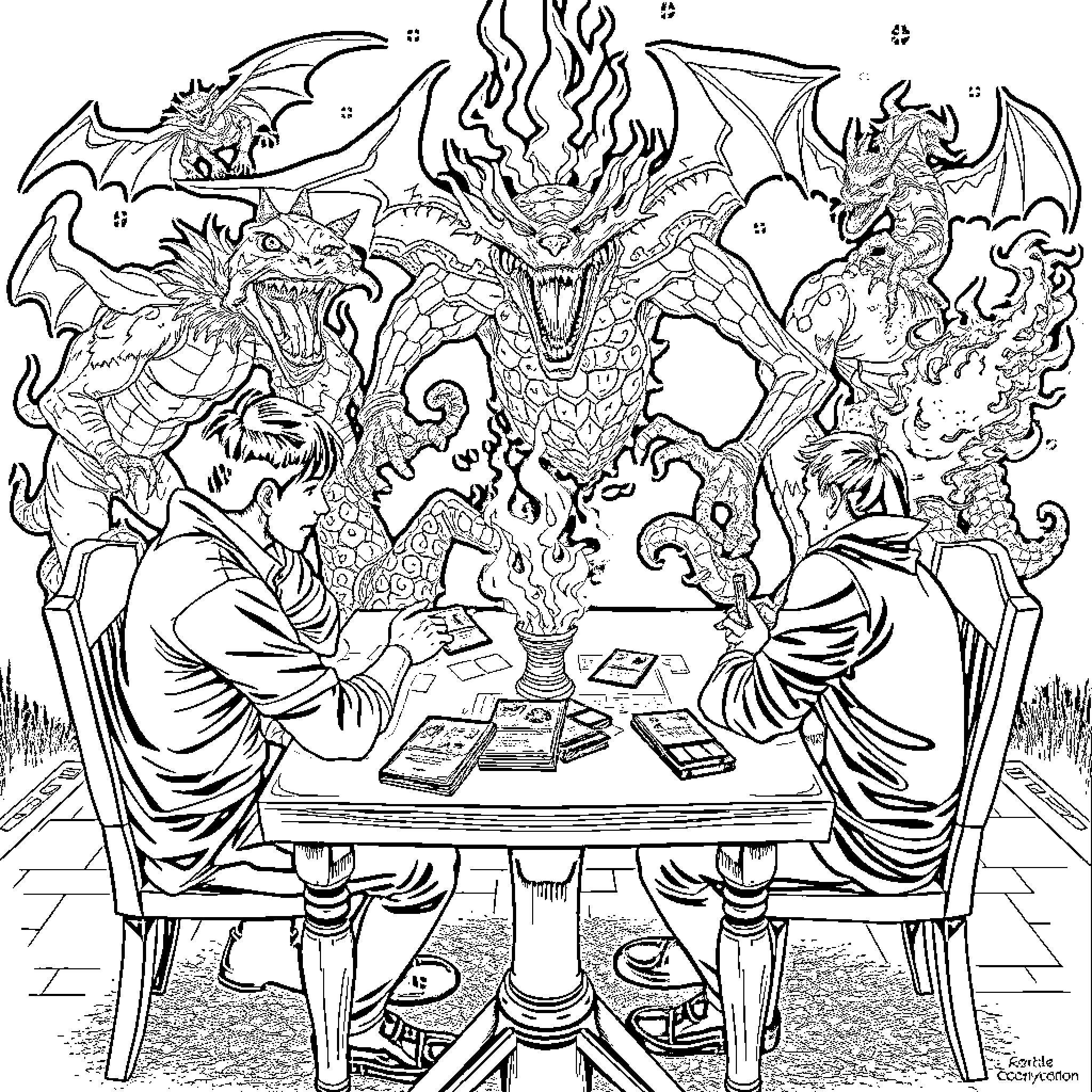 Magic Ritual of Mystical Beings Coloring Page (free black-and-white line drawing printable PDF for all, from beginners to advanced learners, including children, teens, adults, and seniors)