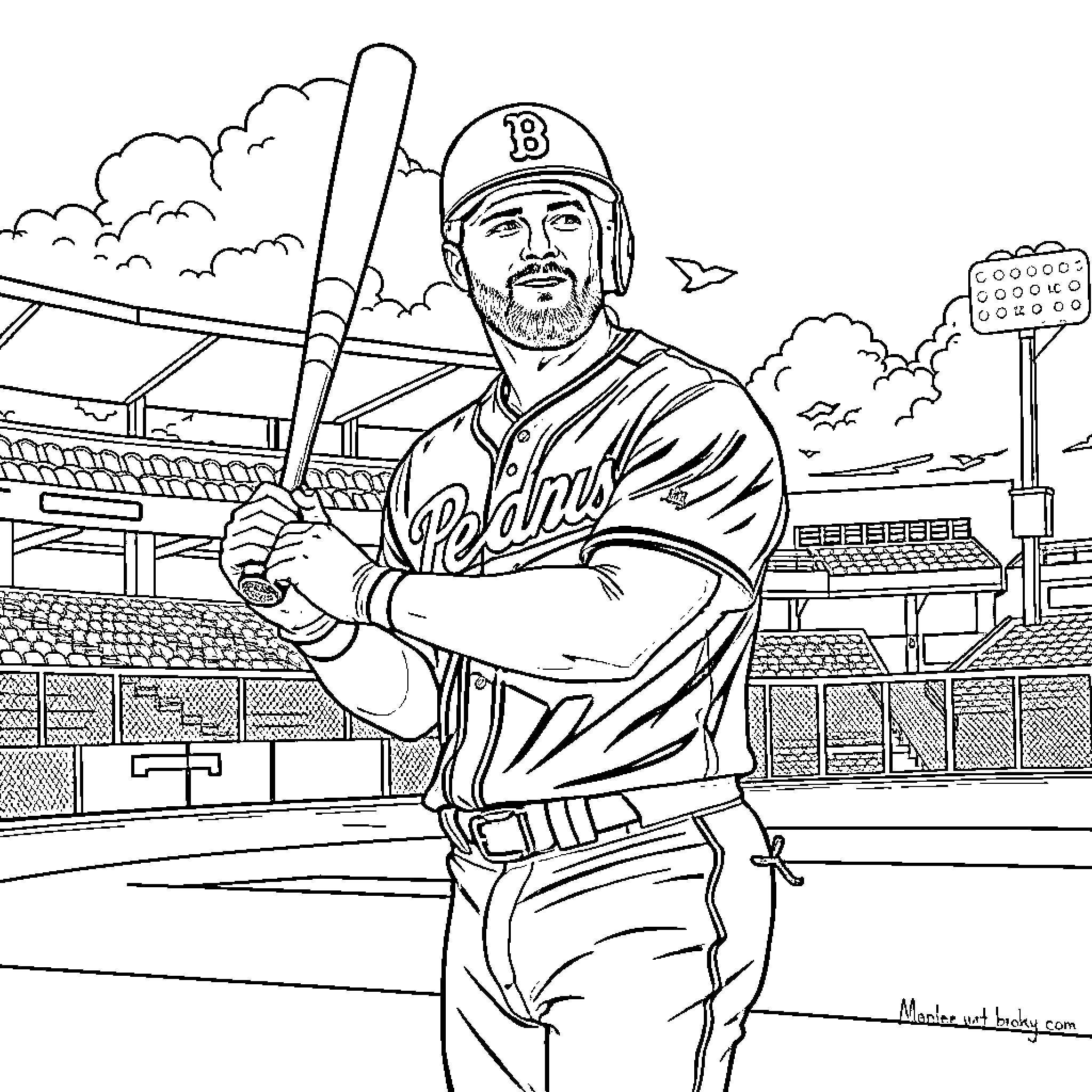 Justin Turner batting on the baseball field Coloring Page (free black-and-white line drawing printable PDF for all, from beginners to advanced learners, including children, teens, adults, and seniors)