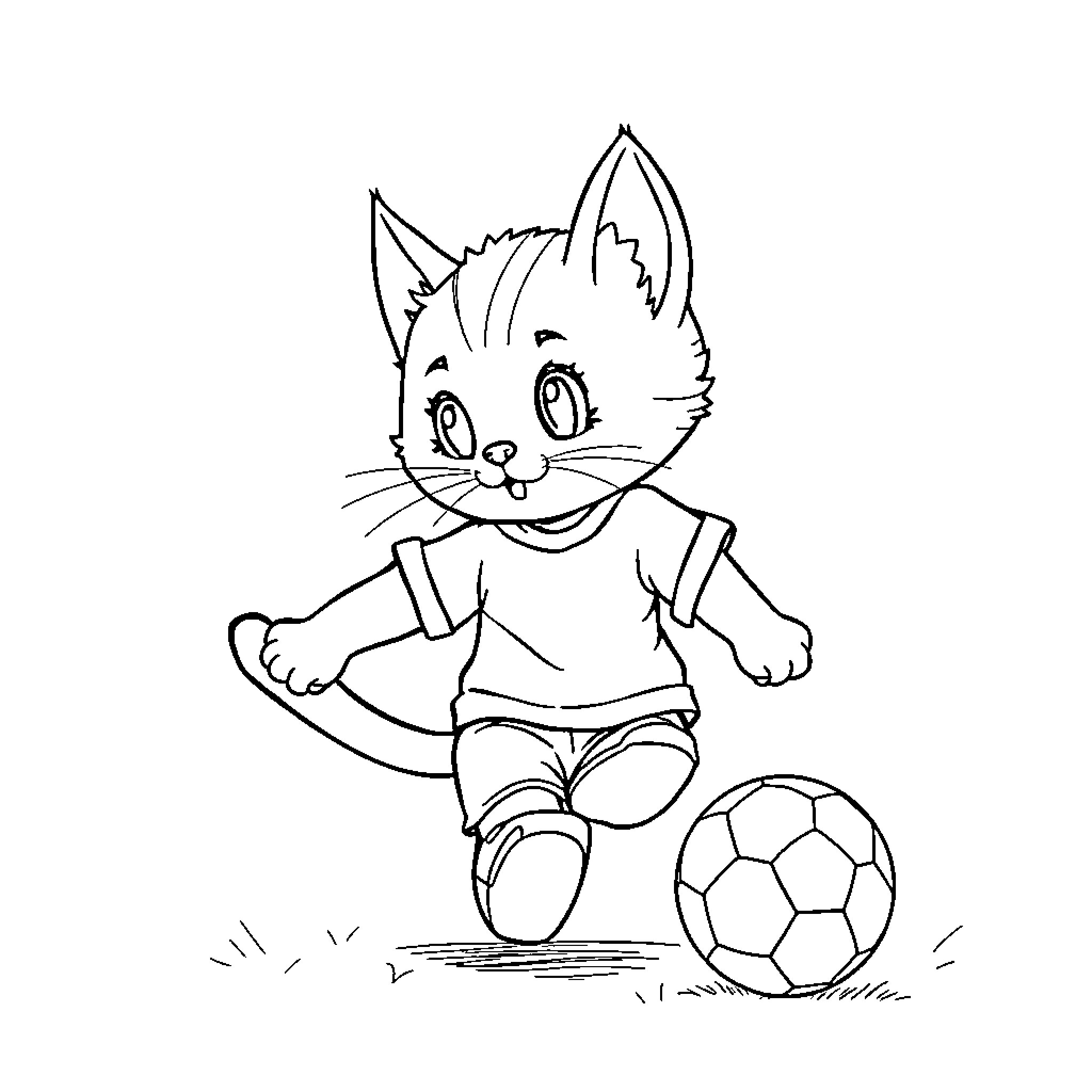 Cat playing with soccer ball Coloring Page (free black-and-white line drawing printable PDF for all, from beginners to advanced learners, including children, teens, adults, and seniors)