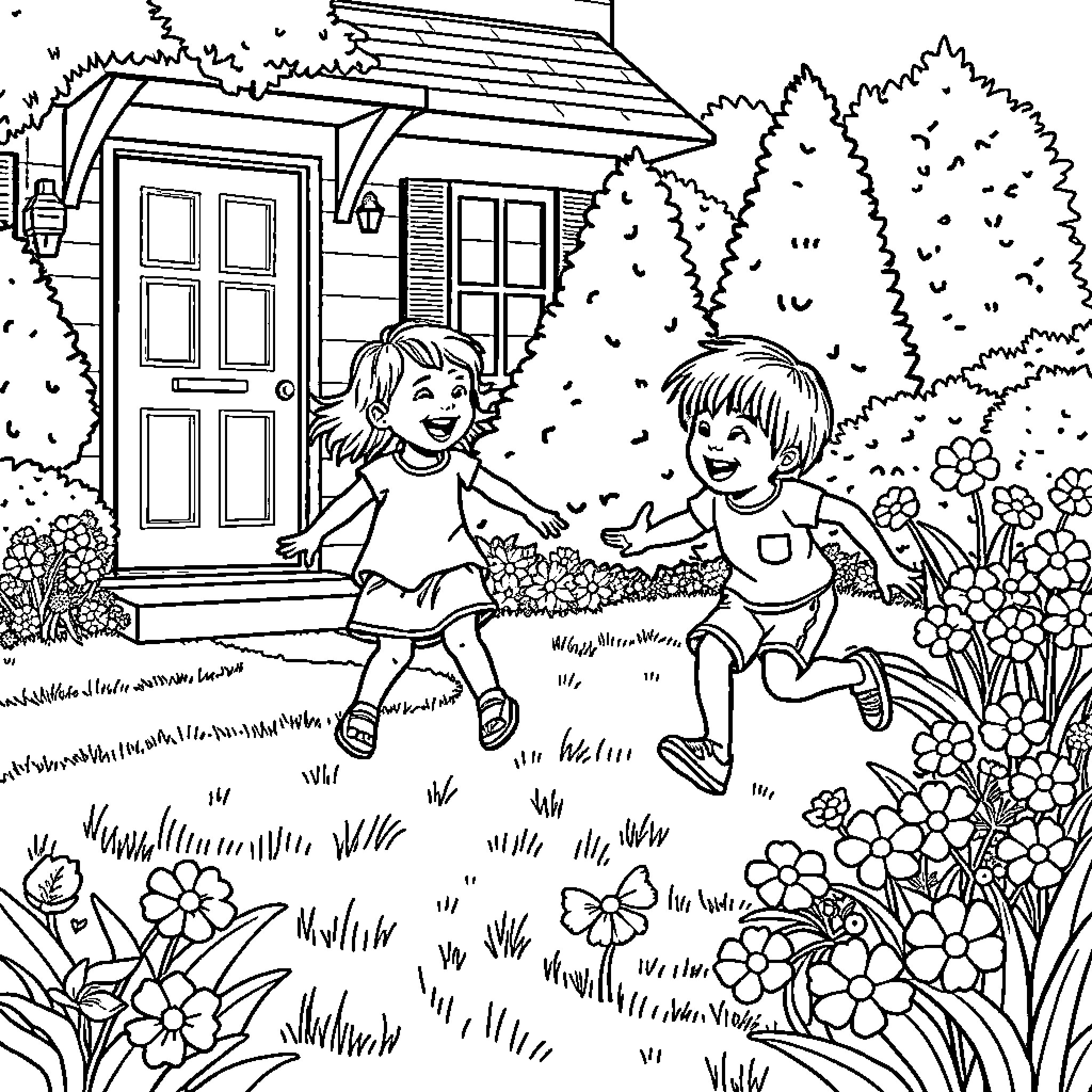 Kids playing happily outside their home Coloring Page (free black-and-white line drawing printable PDF for all, from beginners to advanced learners, including children, teens, adults, and seniors)