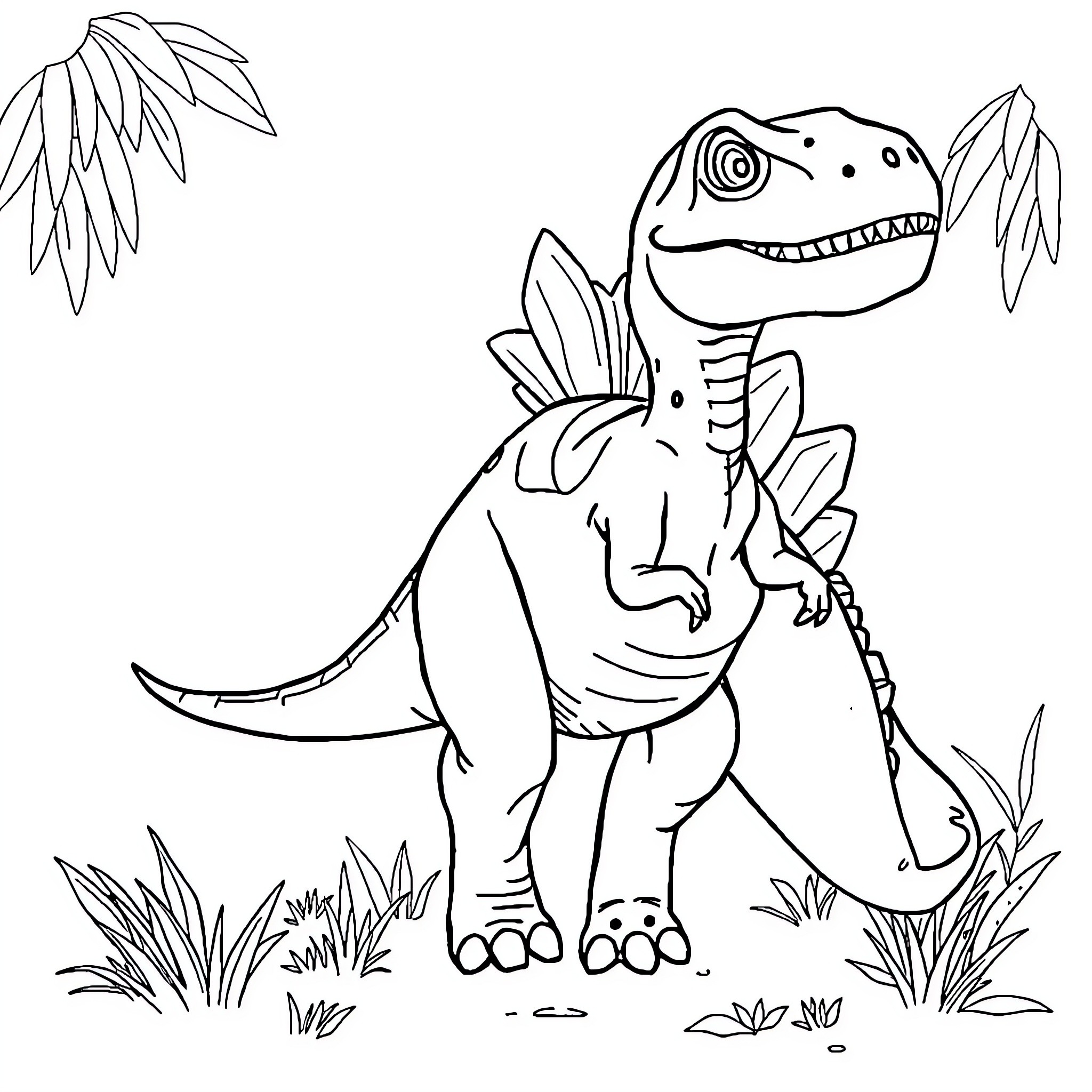 Dinosaur playfully exploring lush vegetation Coloring Page (free black-and-white line drawing printable PDF for all, from beginners to advanced learners, including children, teens, adults, and seniors)