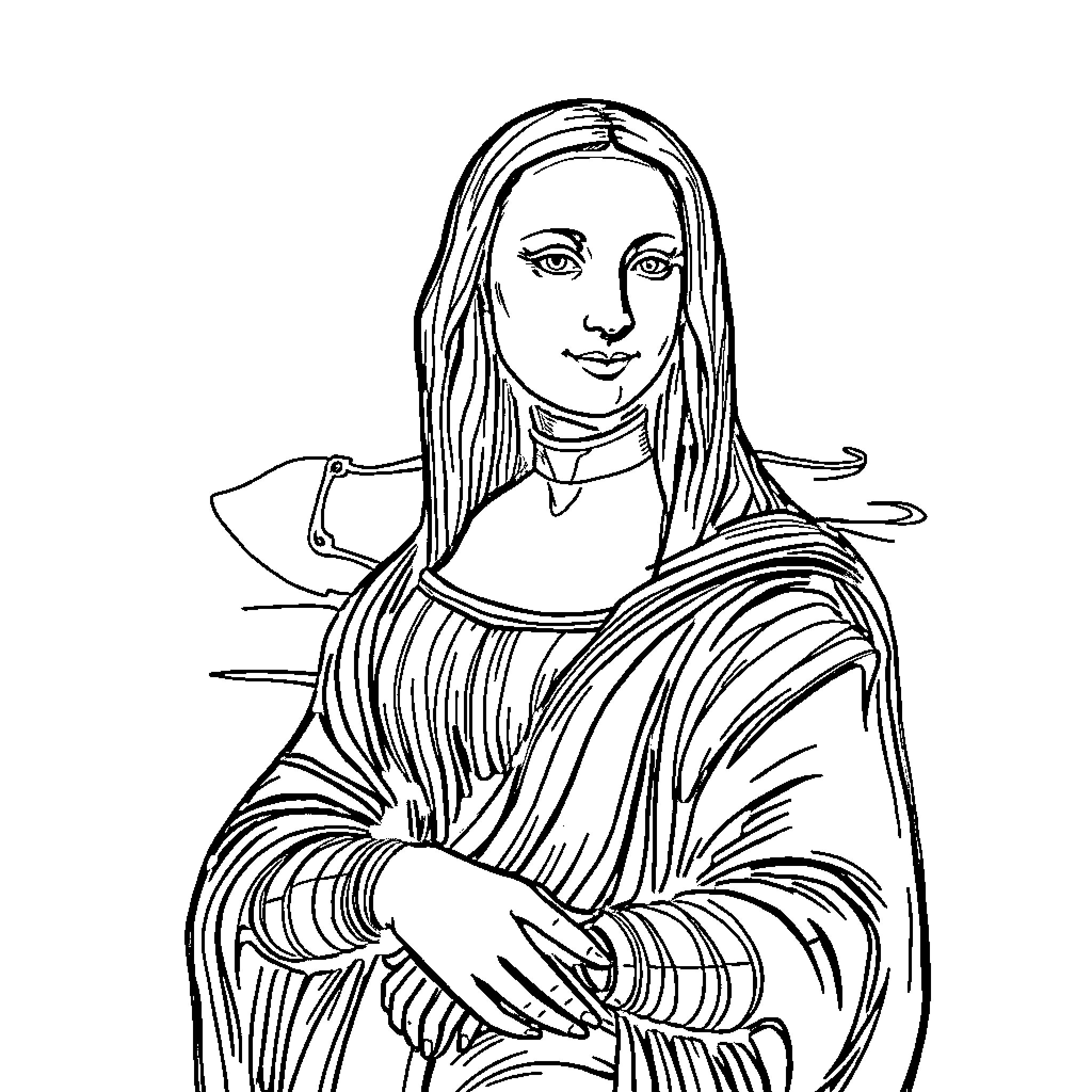 Robot depicting the Mona Lisa painting Coloring Page (free black-and-white line drawing printable PDF for all, from beginners to advanced learners, including children, teens, adults, and seniors)