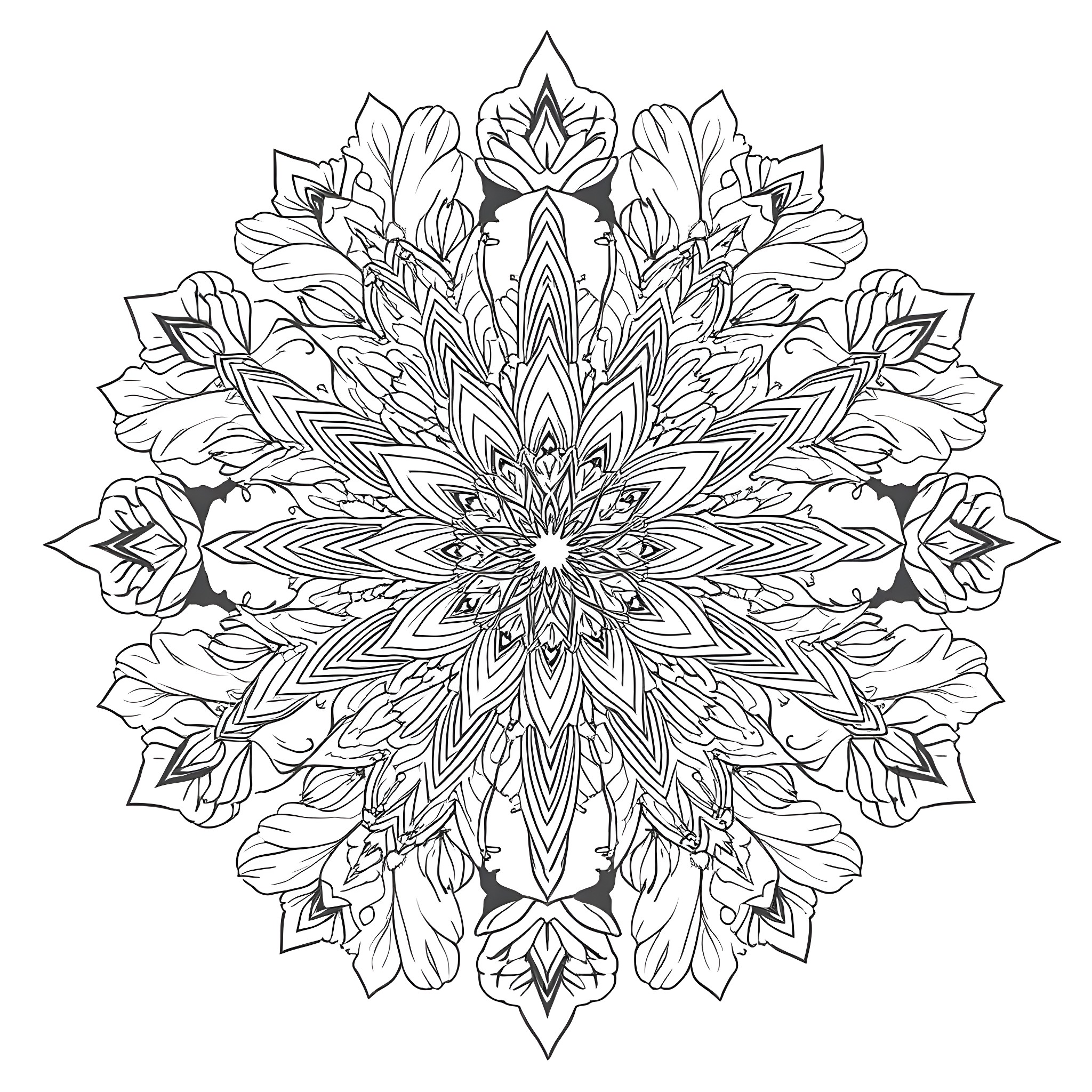 Mandala with intricate floral patterns Coloring Page (free black-and-white line drawing printable PDF for all, from beginners to advanced learners, including children, teens, adults, and seniors)