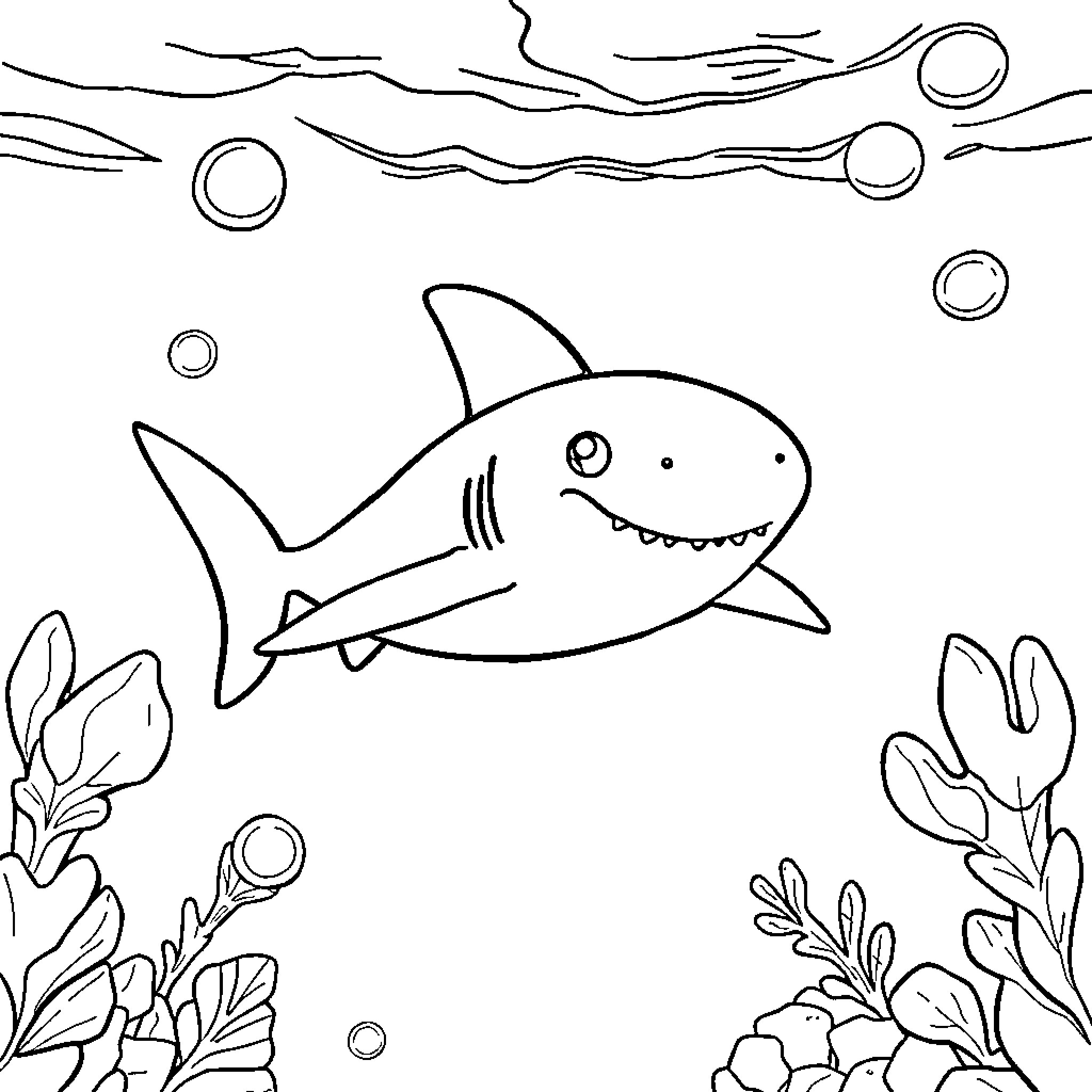 Shark swimming playfully in underwater scene Coloring Page (free black-and-white line drawing printable PDF for all, from beginners to advanced learners, including children, teens, adults, and seniors)