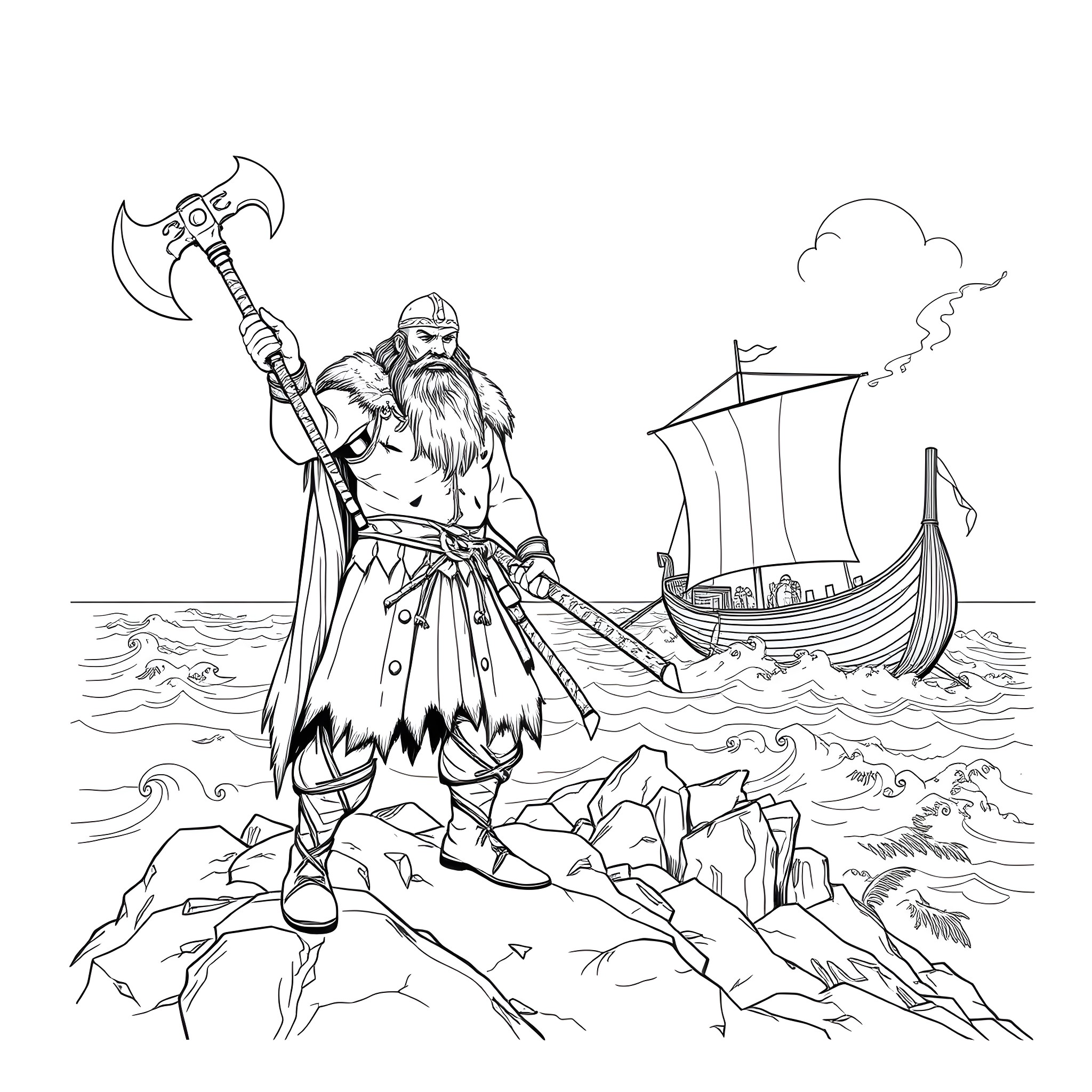 Viking Warrior Wielding Axe on Rocky Coastline Coloring Page (free black-and-white line drawing printable PDF for all, from beginners to advanced learners, including children, teens, adults, and seniors)