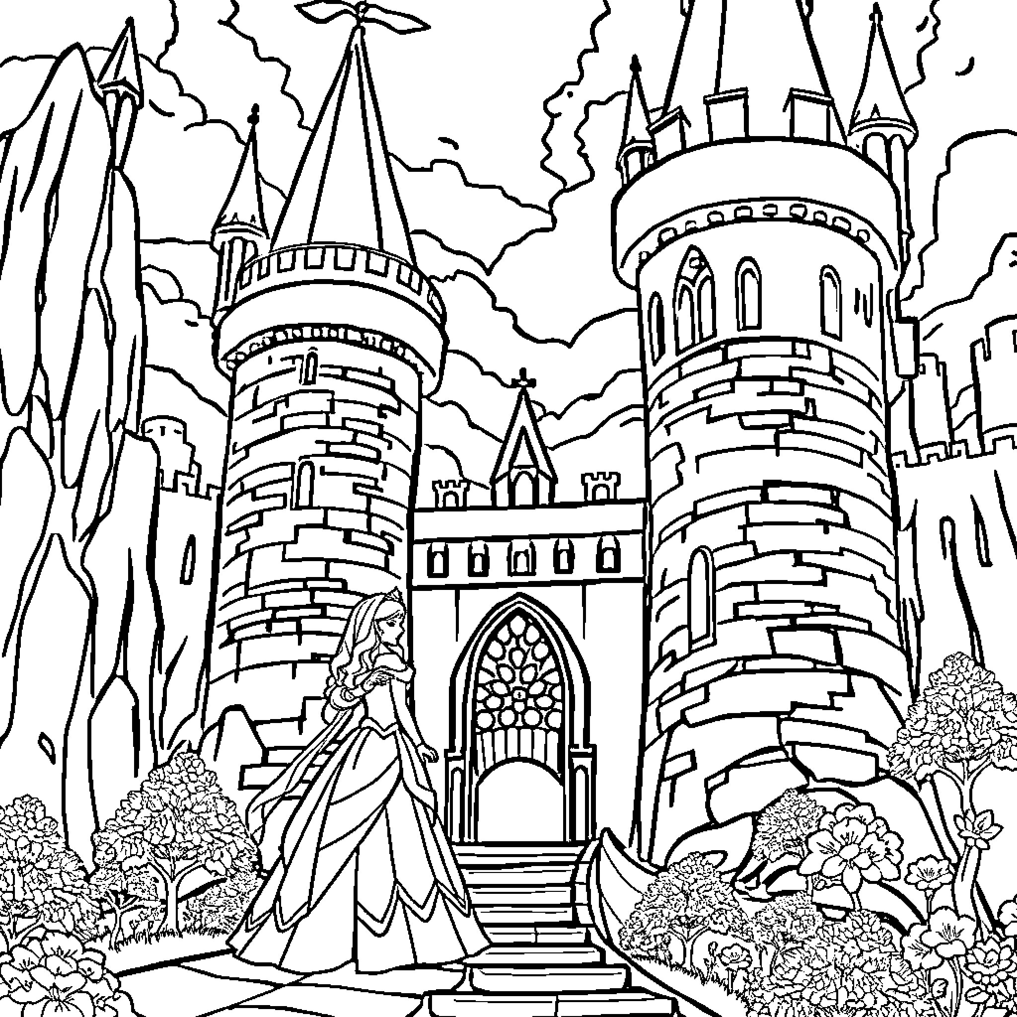 Princess in front of magnificent castle Coloring Page (free black-and-white line drawing printable PDF for all, from beginners to advanced learners, including children, teens, adults, and seniors)