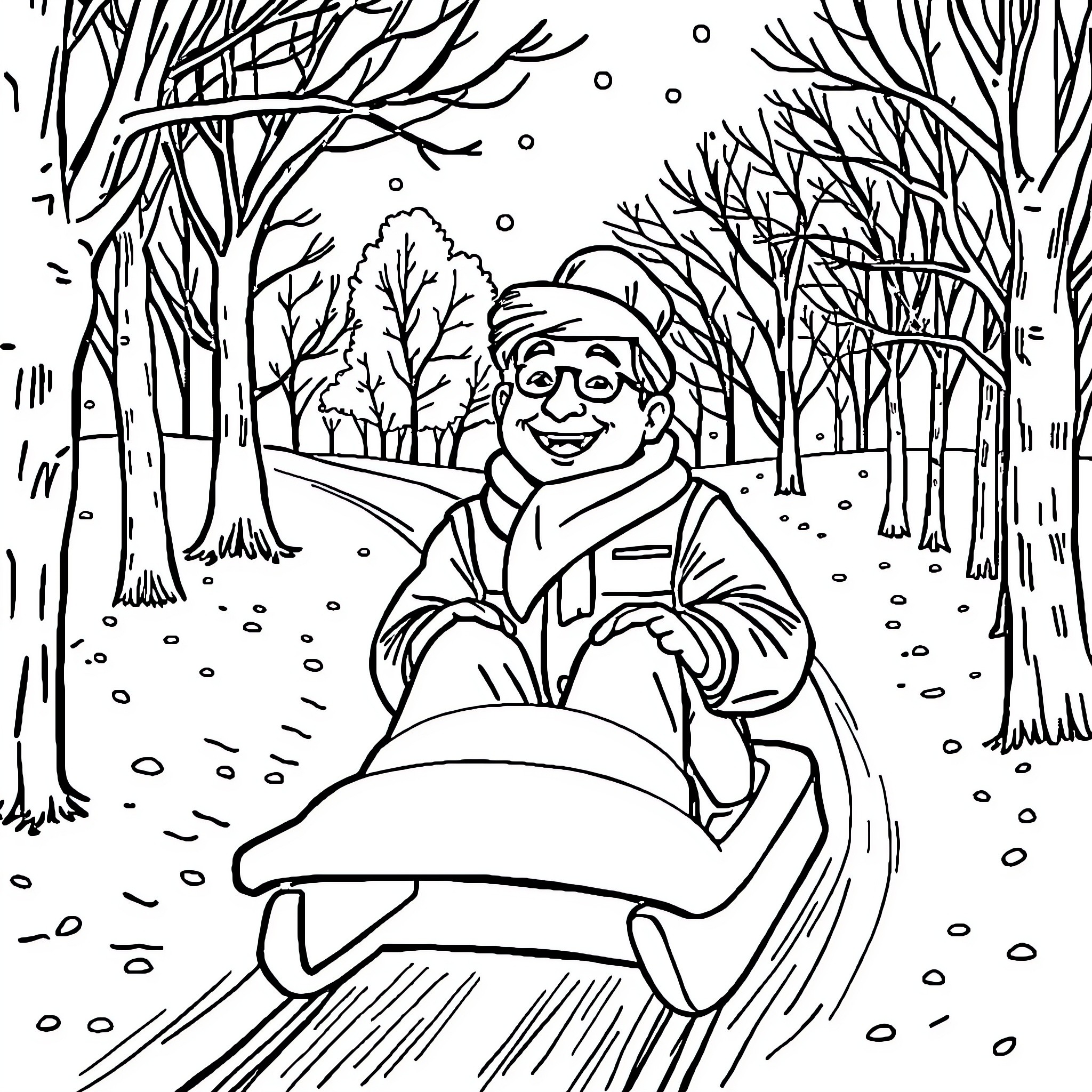 Sledge riding joyfully through a snowy forest Coloring Page (free black-and-white line drawing printable PDF for all, from beginners to advanced learners, including children, teens, adults, and seniors)