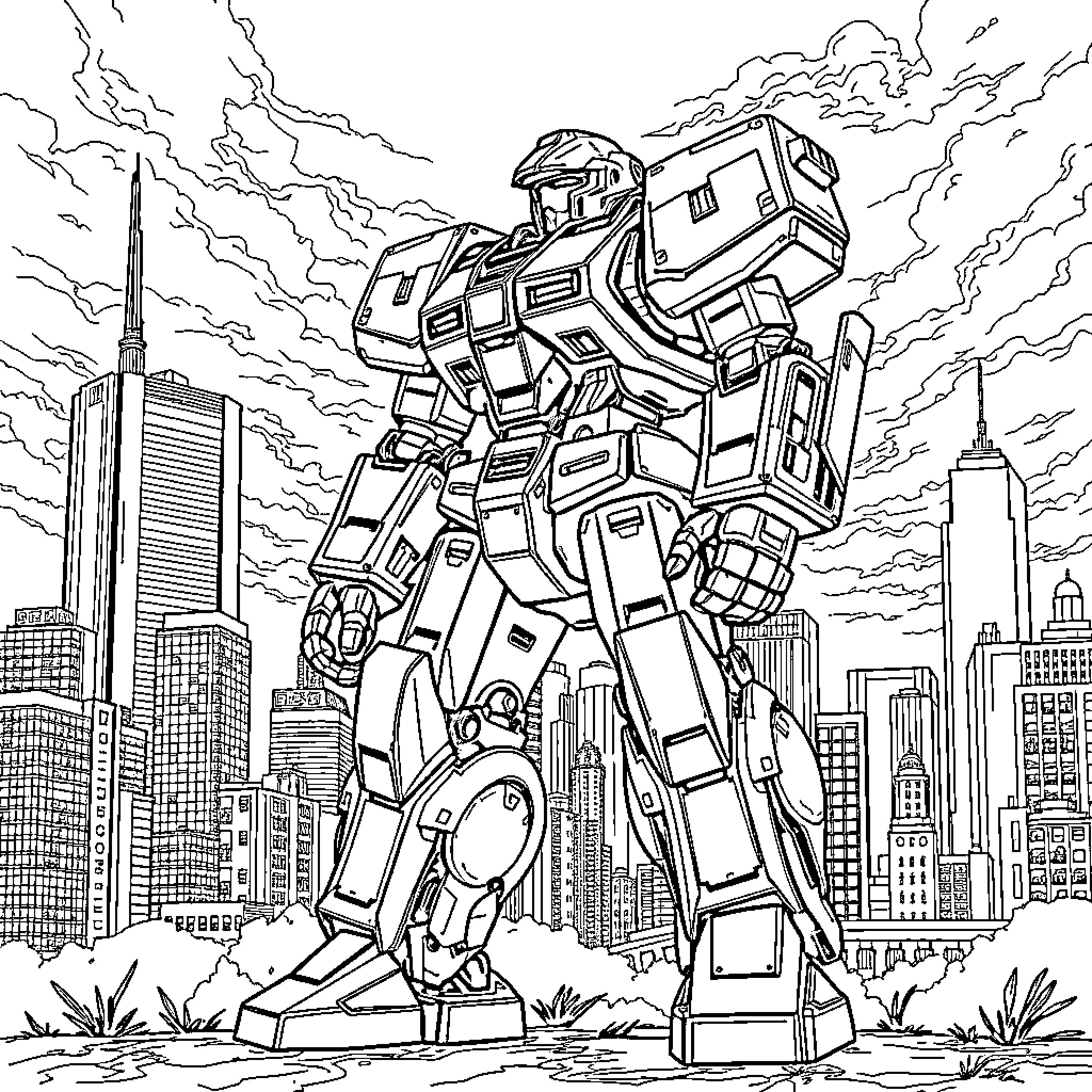 Armored Core Mech Stands Tall in Futuristic City Coloring Page (free black-and-white line drawing printable PDF for all, from beginners to advanced learners, including children, teens, adults, and seniors)