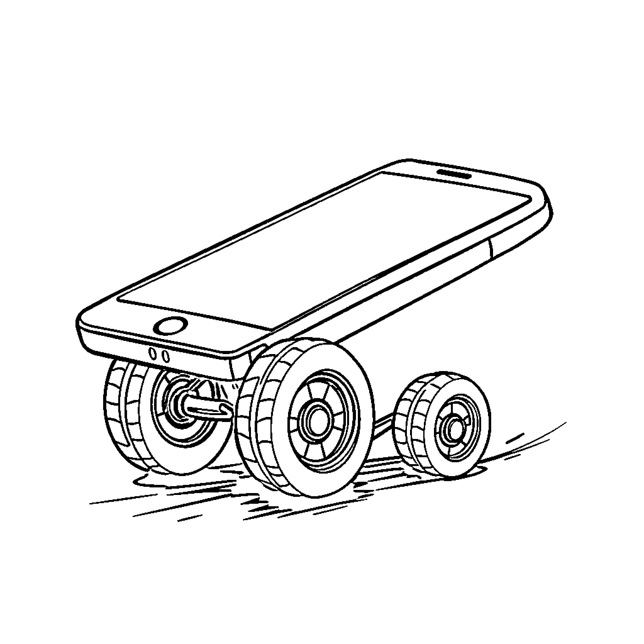 Smartphone with large wheels driving Coloring Page (free black-and-white line drawing printable PDF for all, from beginners to advanced learners, including children, teens, adults, and seniors)