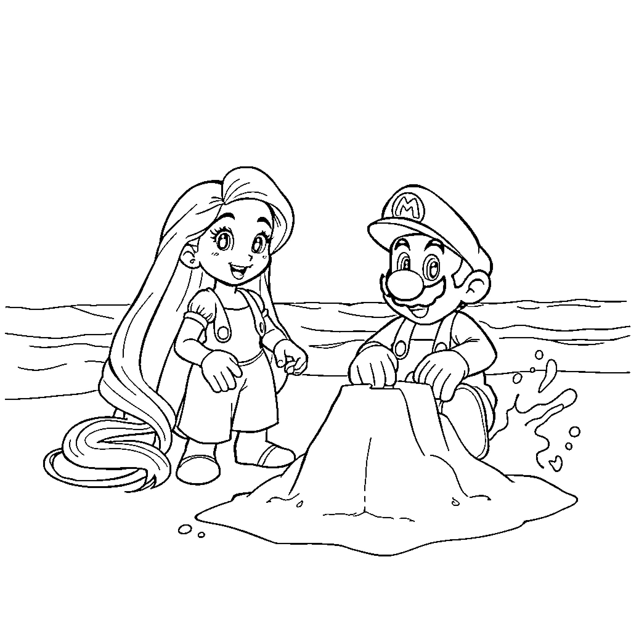 Rapunzel and Mario Build a Sandcastle Coloring Page (free black-and-white line drawing printable PDF for all, from beginners to advanced learners, including children, teens, adults, and seniors)