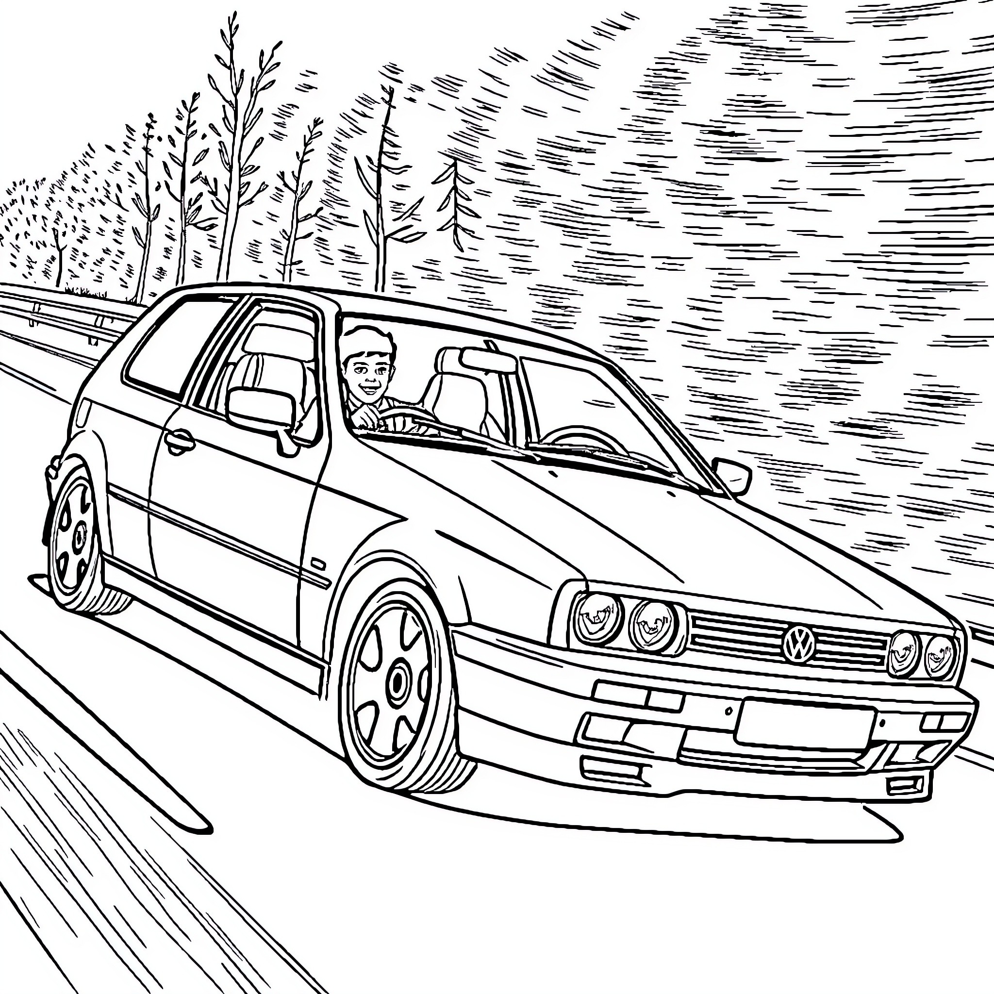 Golf car speeding on a winding road Coloring Page (free black-and-white line drawing printable PDF for all, from beginners to advanced learners, including children, teens, adults, and seniors)