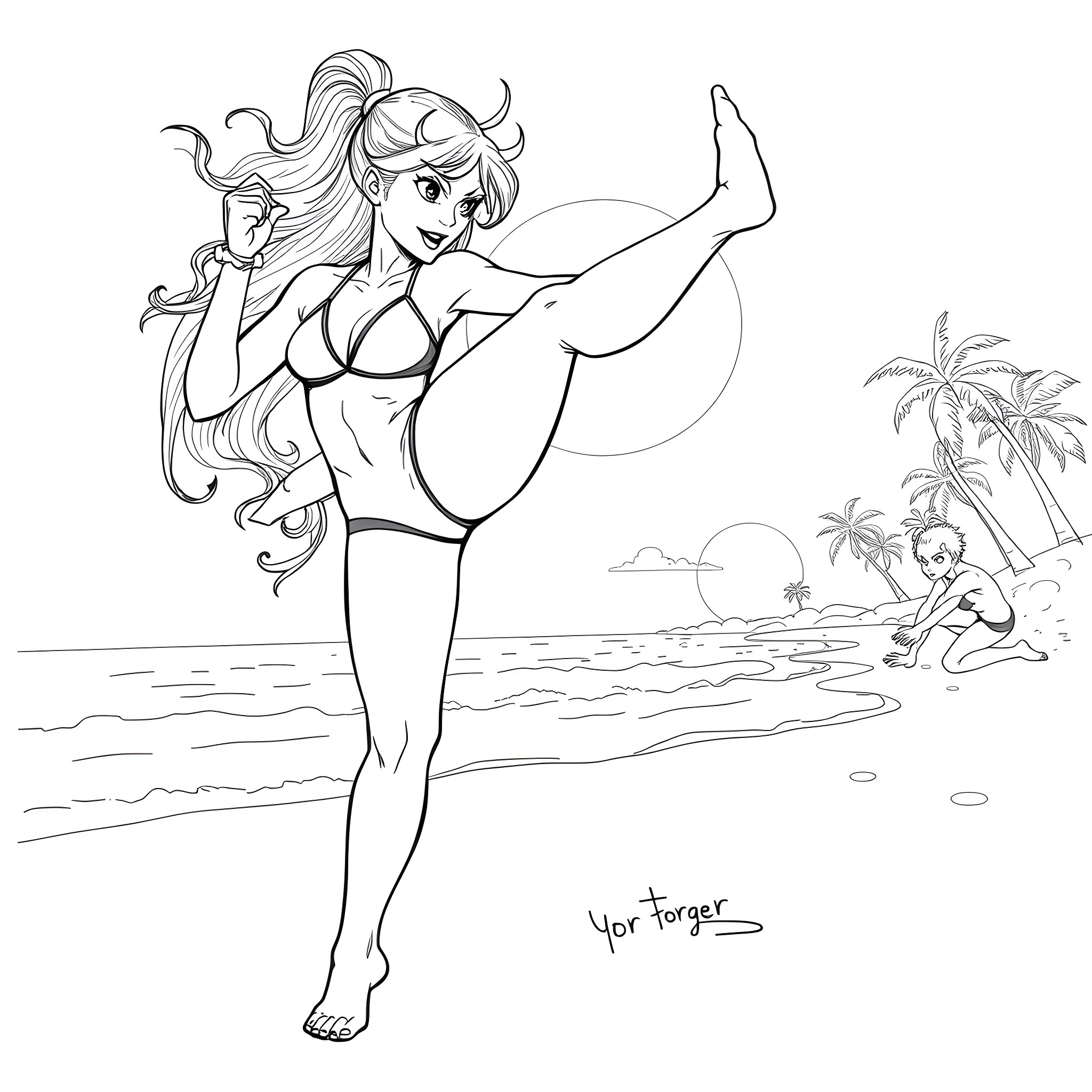 Yor Forger's Beachside Adventure Coloring Page (free black-and-white line drawing printable PDF for all, from beginners to advanced learners, including children, teens, adults, and seniors)