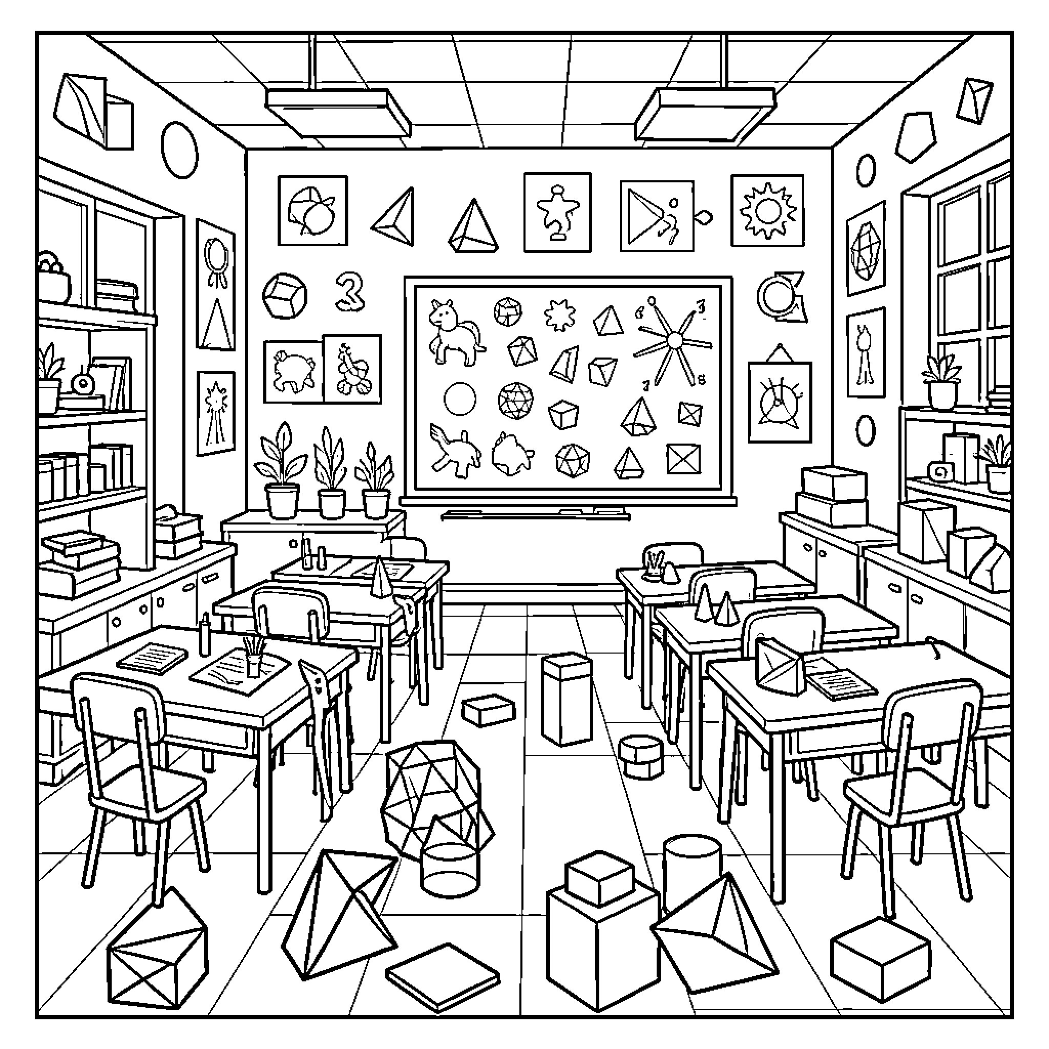 Geometry Classroom Filled with Shapes and Objects Coloring Page (free black-and-white line drawing printable PDF for all, from beginners to advanced learners, including children, teens, adults, and seniors)