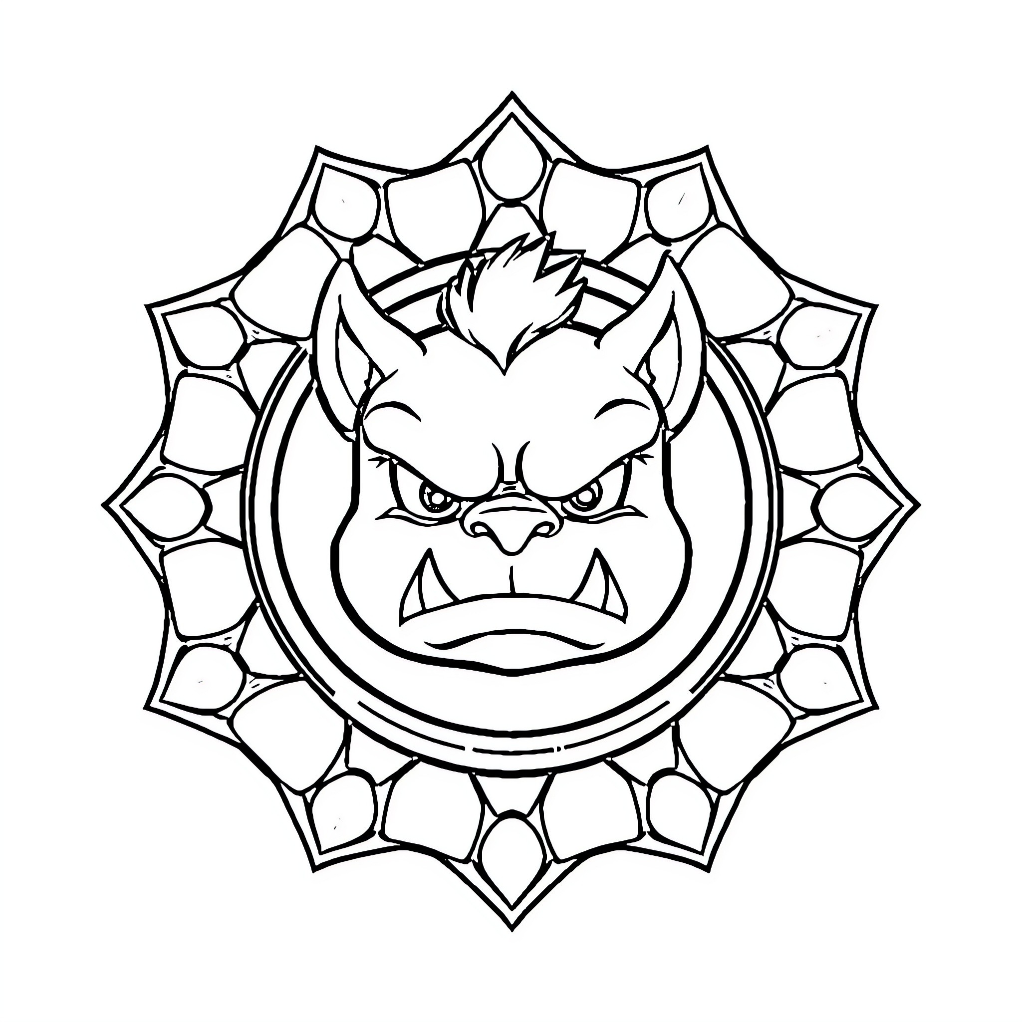 Bully Monster Face in Ornamental Frame Coloring Page (free black-and-white line drawing printable PDF for all, from beginners to advanced learners, including children, teens, adults, and seniors)