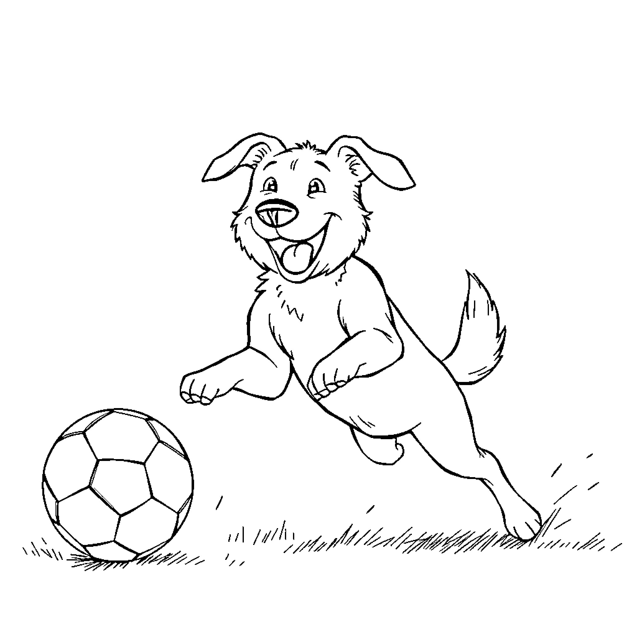 Dog playing enthusiastically with soccer ball Coloring Page (free black-and-white line drawing printable PDF for all, from beginners to advanced learners, including children, teens, adults, and seniors)