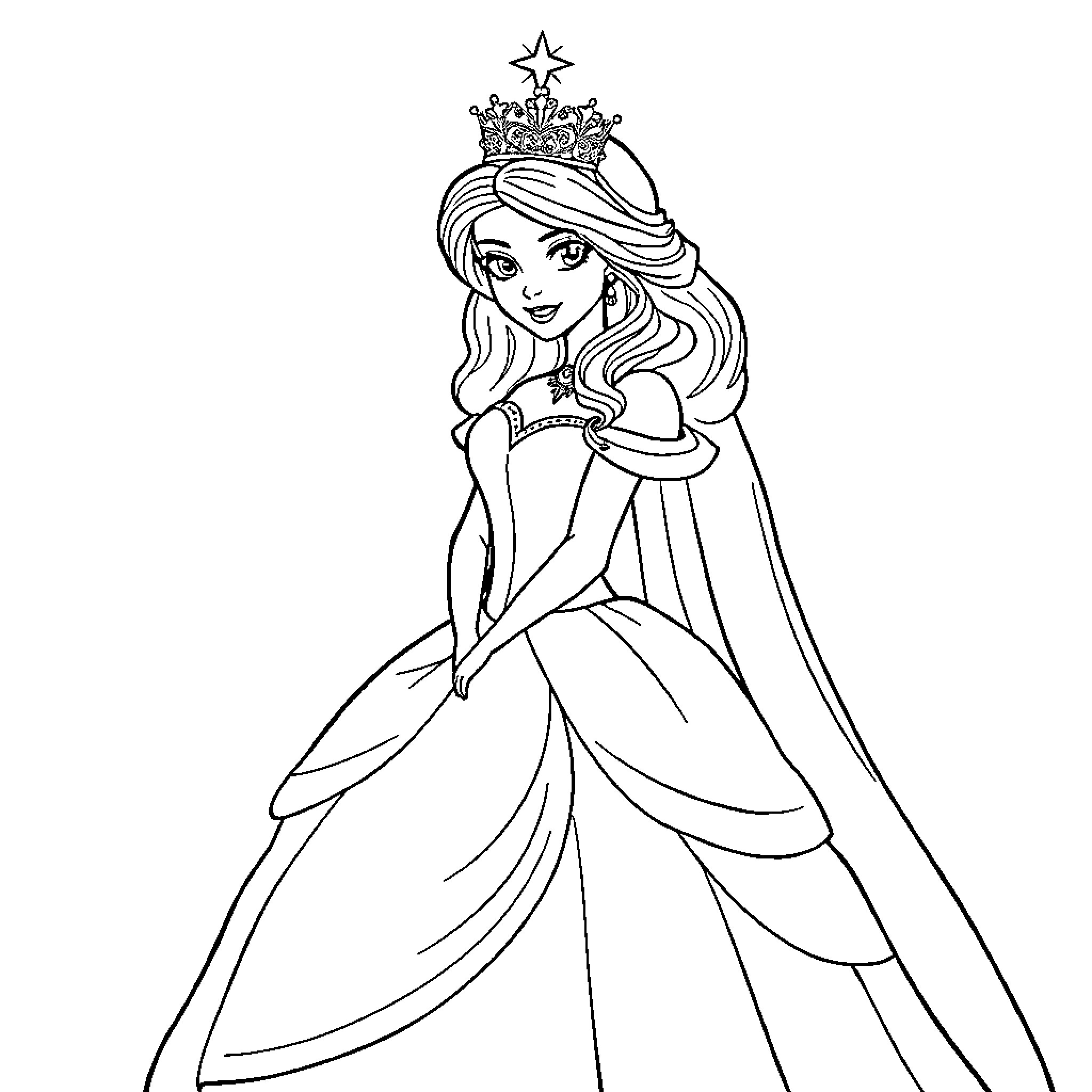 Princess in Elegant Gown and Crown Coloring Page (free black-and-white line drawing printable PDF for all, from beginners to advanced learners, including children, teens, adults, and seniors)
