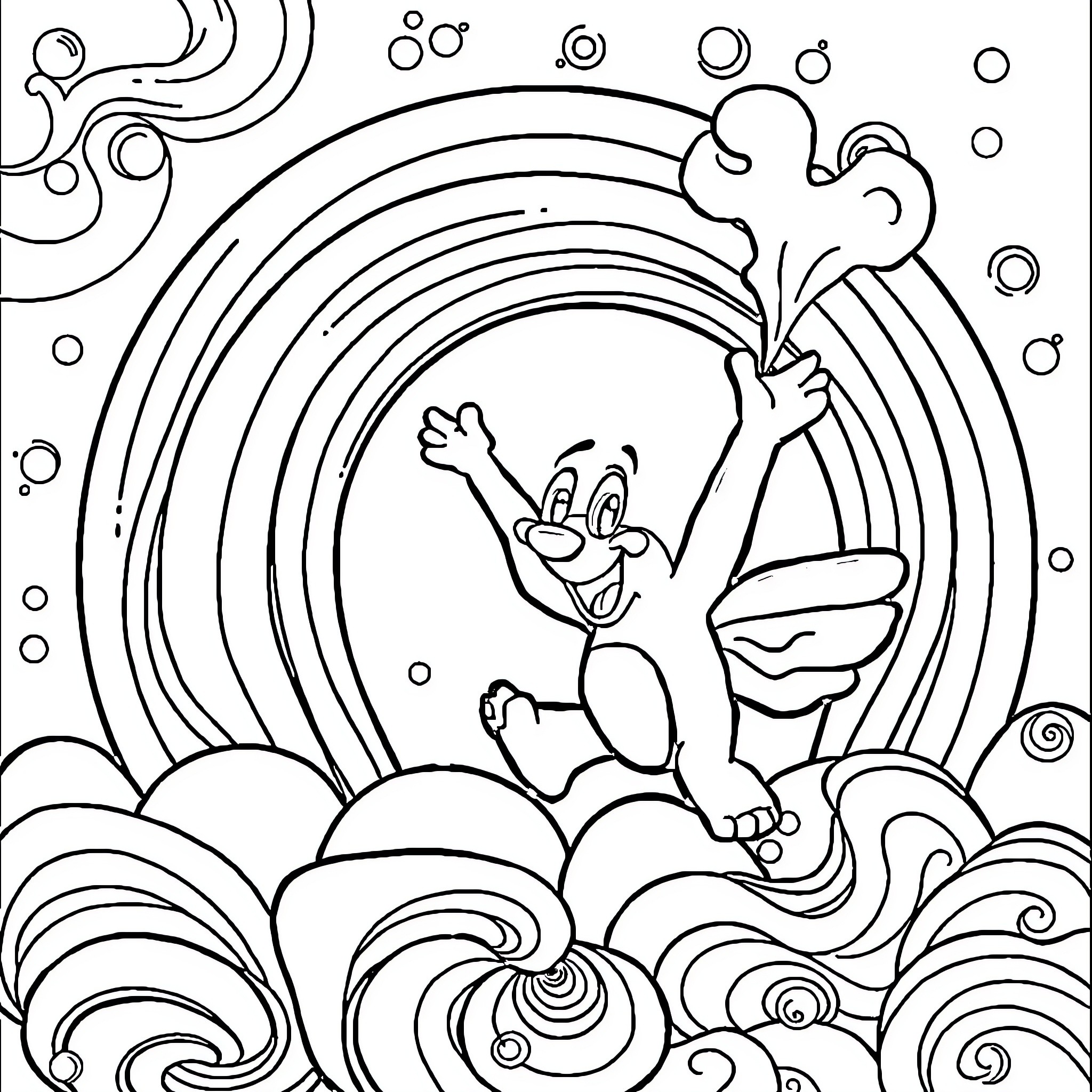 Bluey dancing joyfully amidst swirling shapes and patterns Coloring Page (free black-and-white line drawing printable PDF for all, from beginners to advanced learners, including children, teens, adults, and seniors)