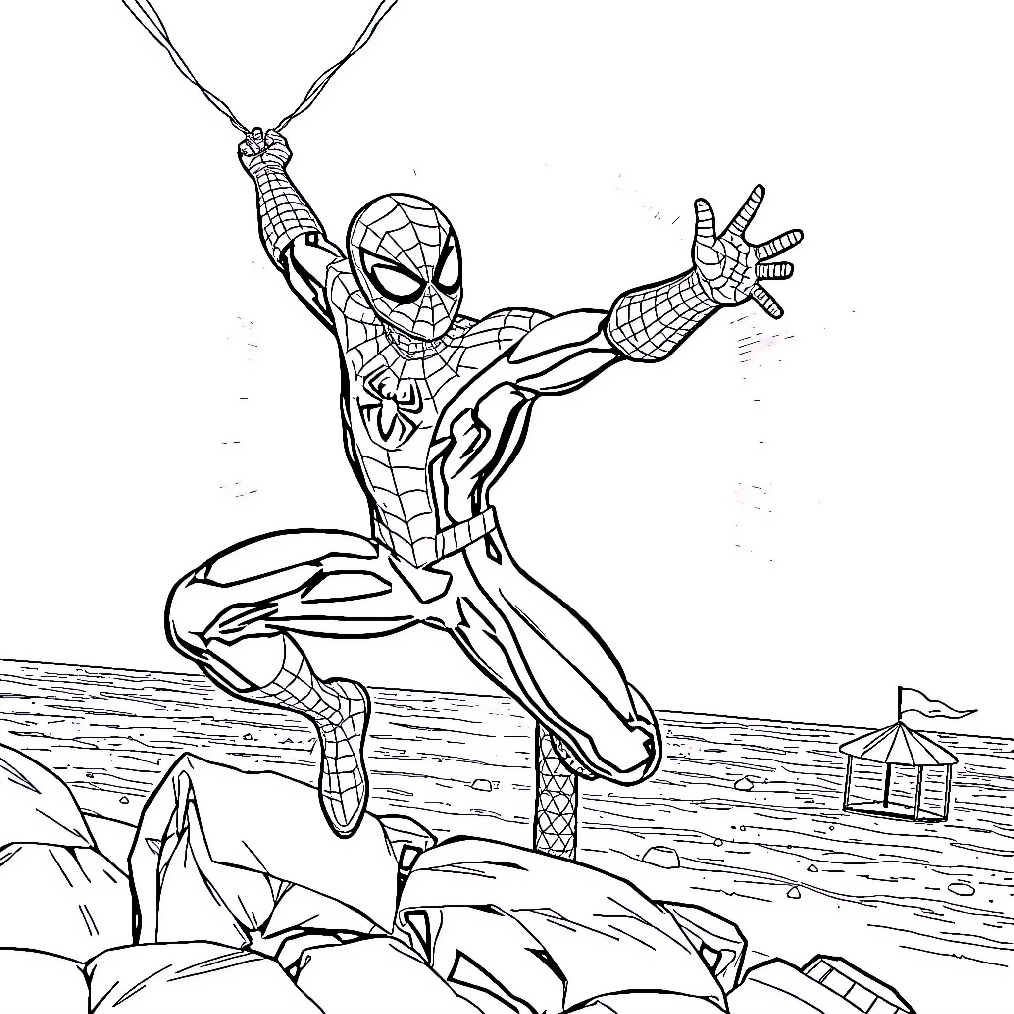 Spider-Man swinging through the city with determination Coloring Page (free black-and-white line drawing printable PDF for all, from beginners to advanced learners, including children, teens, adults, and seniors)