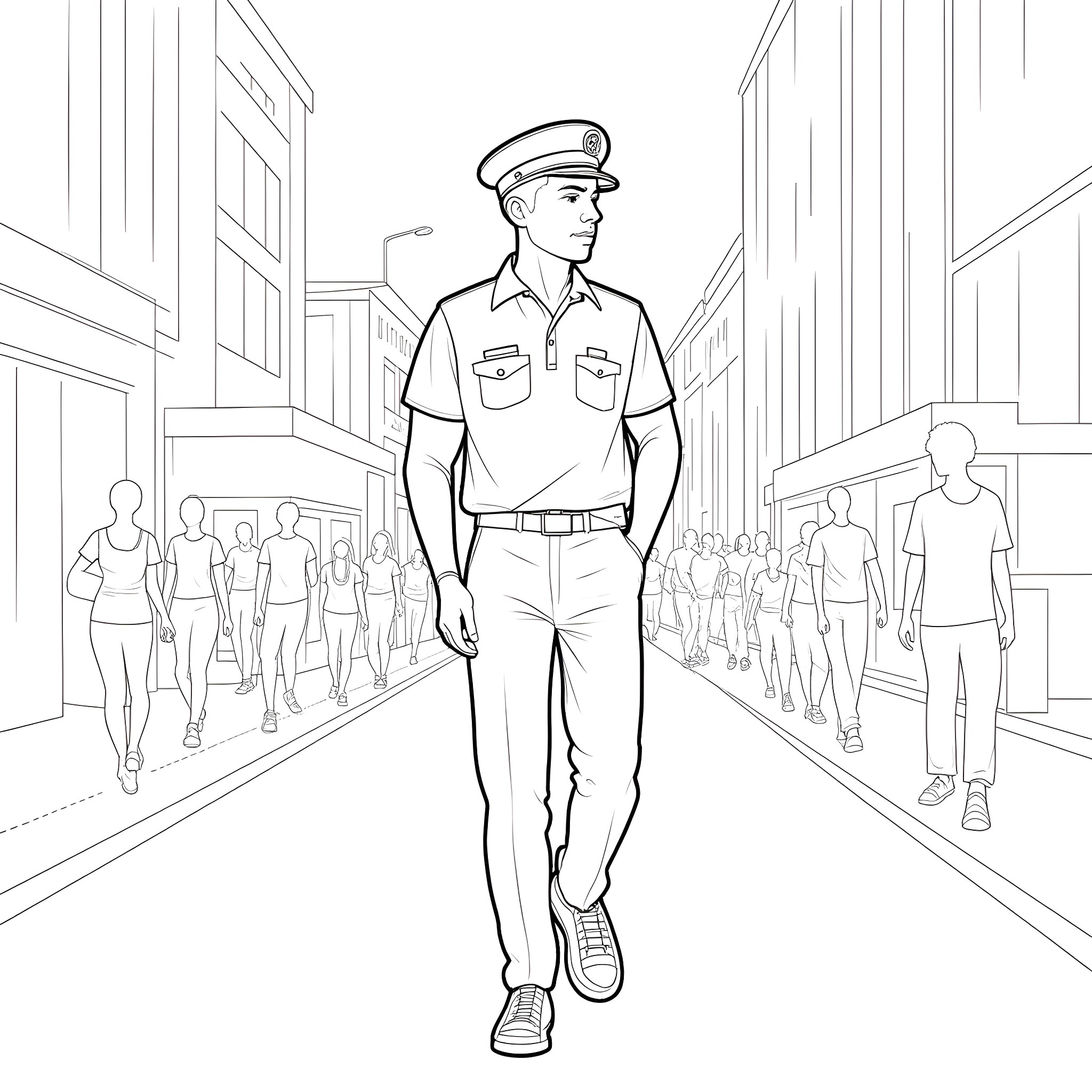 Sailor walking confidently through a busy city street Coloring Page (free black-and-white line drawing printable PDF for all, from beginners to advanced learners, including children, teens, adults, and seniors)